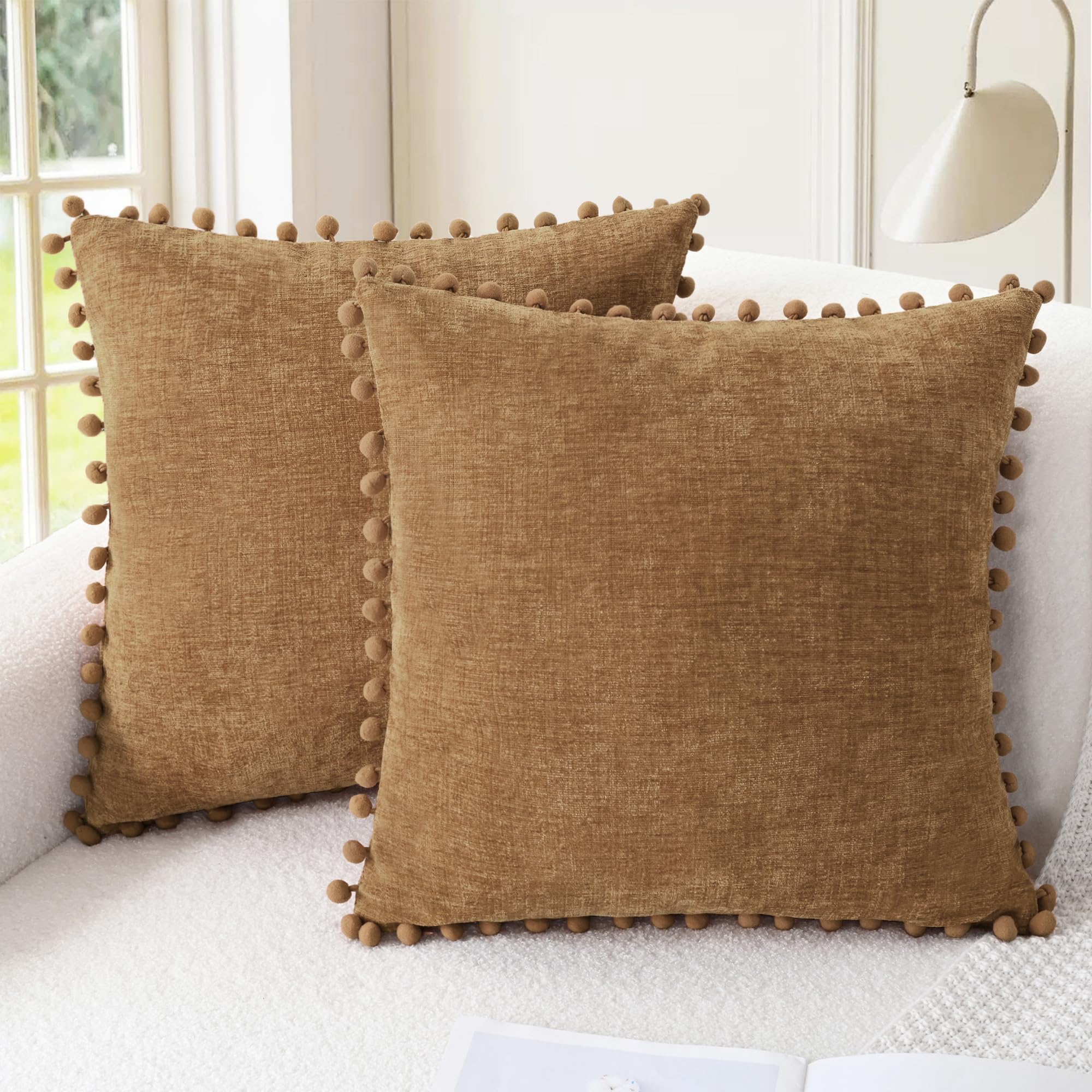 CaliTime Throw Pillow Covers Decorative 18 X 18 Inches Pack of 2 Cozy Solid Dyed Soft Chenille Cushion Cases with Pom Poms for Couch Sofa Bed Living Room Home Living Coral