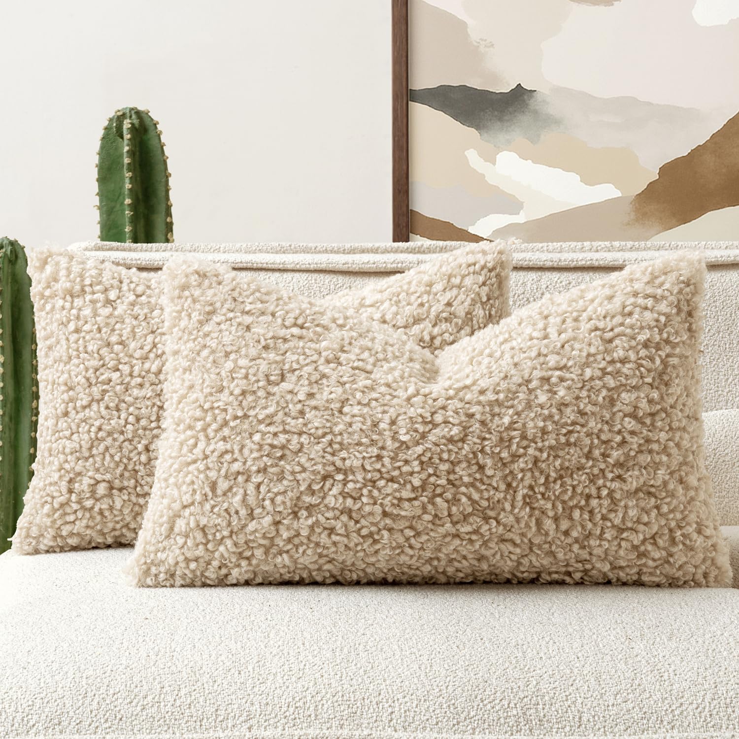 Faux Fur Throw Pillow Covers 20x20 Inch Set of 2 Boucle Neutral Decorative Sherpa Fuzzy Accent Soft Sheepskin Fleece Cushions Modern Home Decor for Couch Sofa Bedroom Living Room,Oatmeal