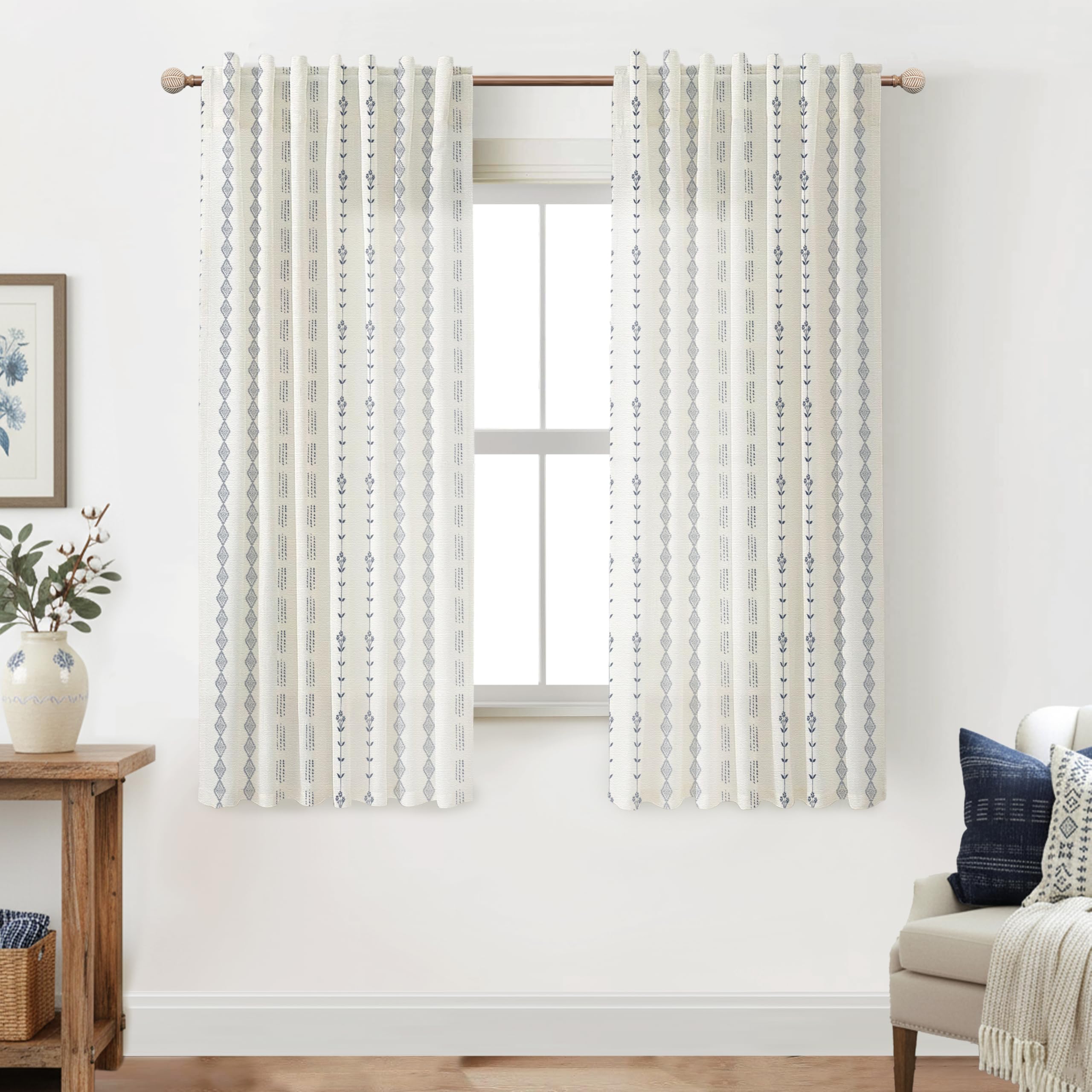 Neutral Farmhouse Curtains for Living Room 84 Inches Long,Taupe Cream Boho Light Filtering Sheer Patterned Modern Beautiful Linen Curtains with Floral Pattern Design Dining Room 84 Length 2 Panels Set