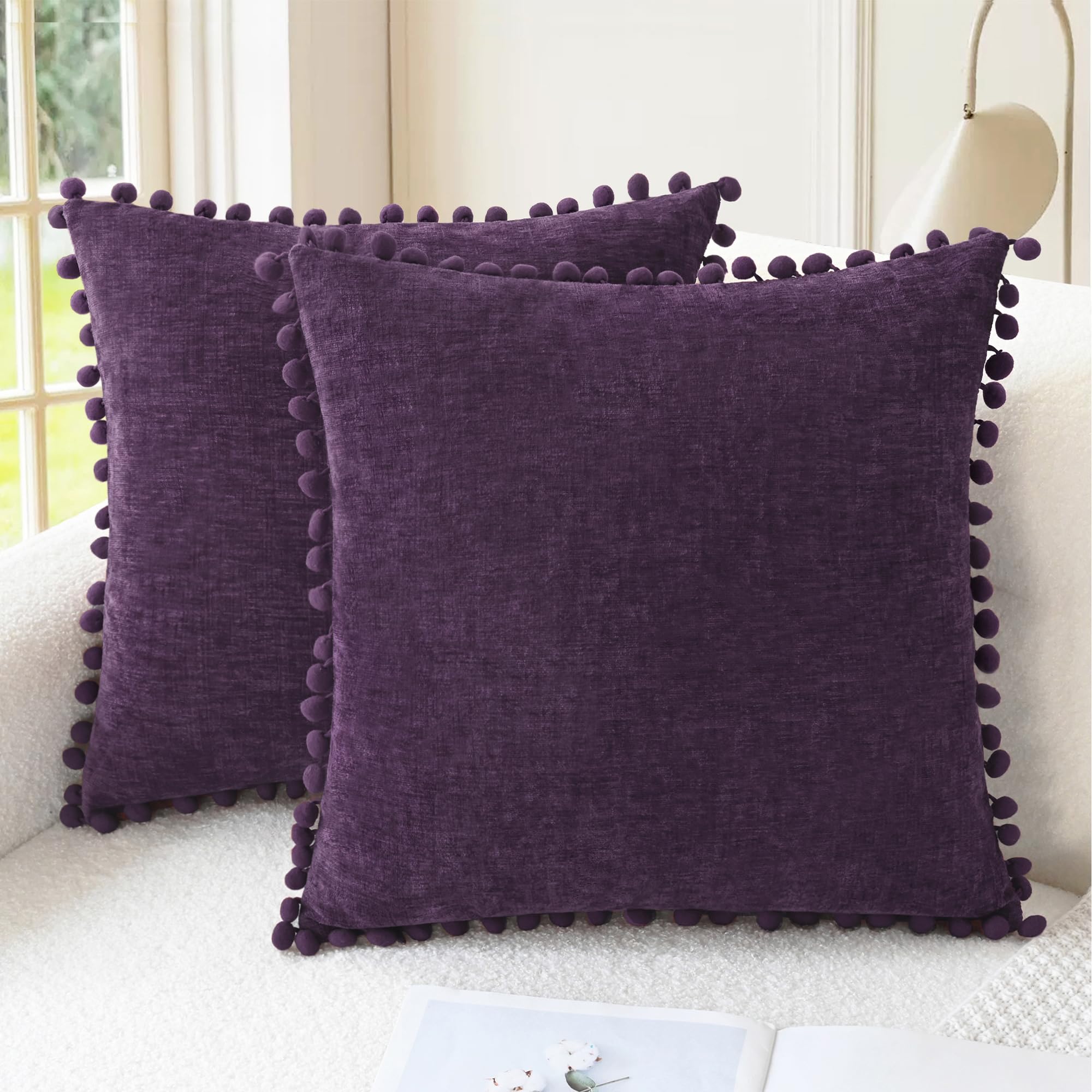 CaliTime Throw Pillow Covers Decorative 18 X 18 Inches Pack of 2 Cozy Solid Dyed Soft Chenille Cushion Cases with Pom Poms for Couch Sofa Bed Living Room Home Living Coral