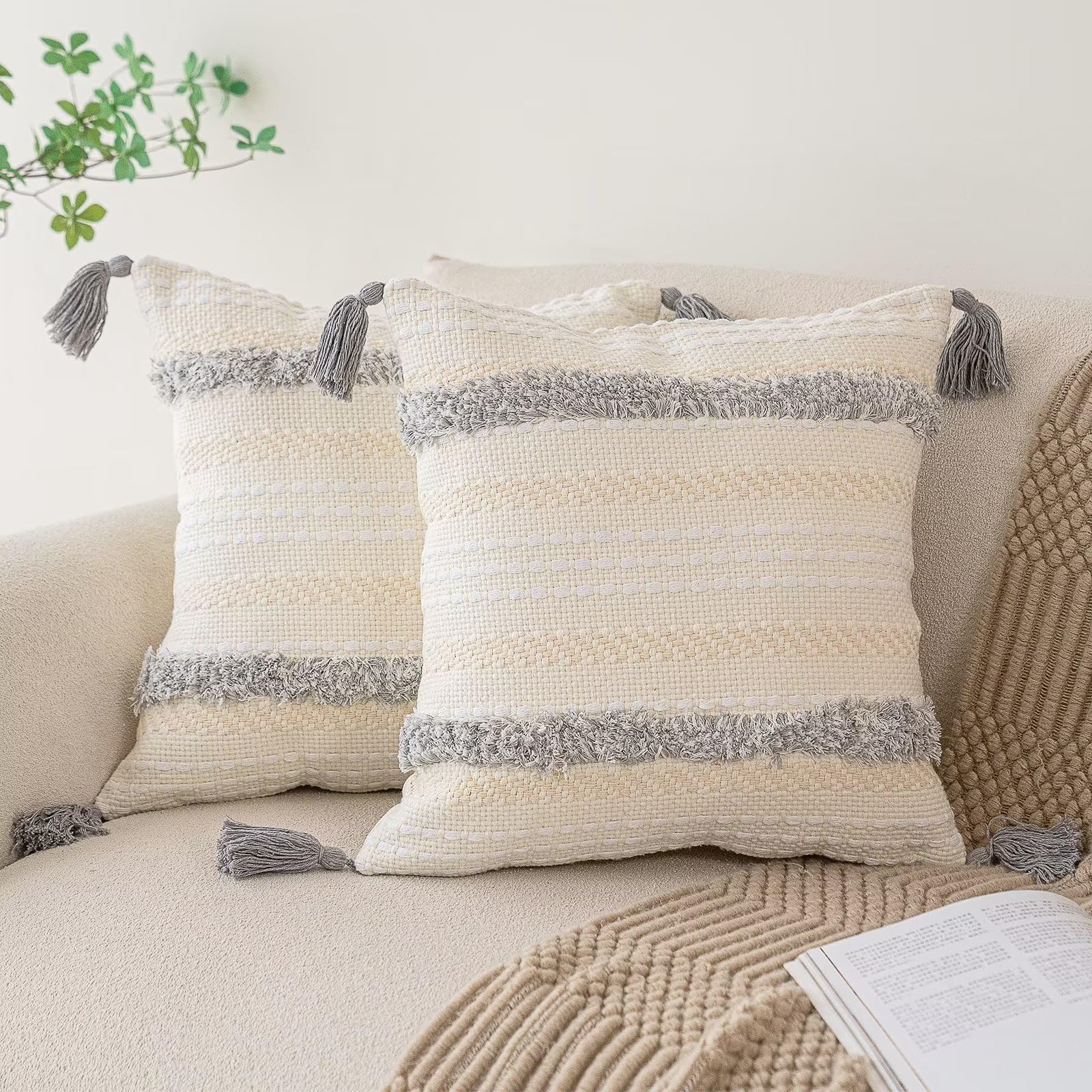 Boho Throw Pillow Covers 18x18 Set of 2 Woven Tufted Farmhouse Pillows Cover with Tassels Textured Striped Cushion Case Neutral Pillow Cases Decorative Pillowcase for Sofa, Couch, Bed, Khaki