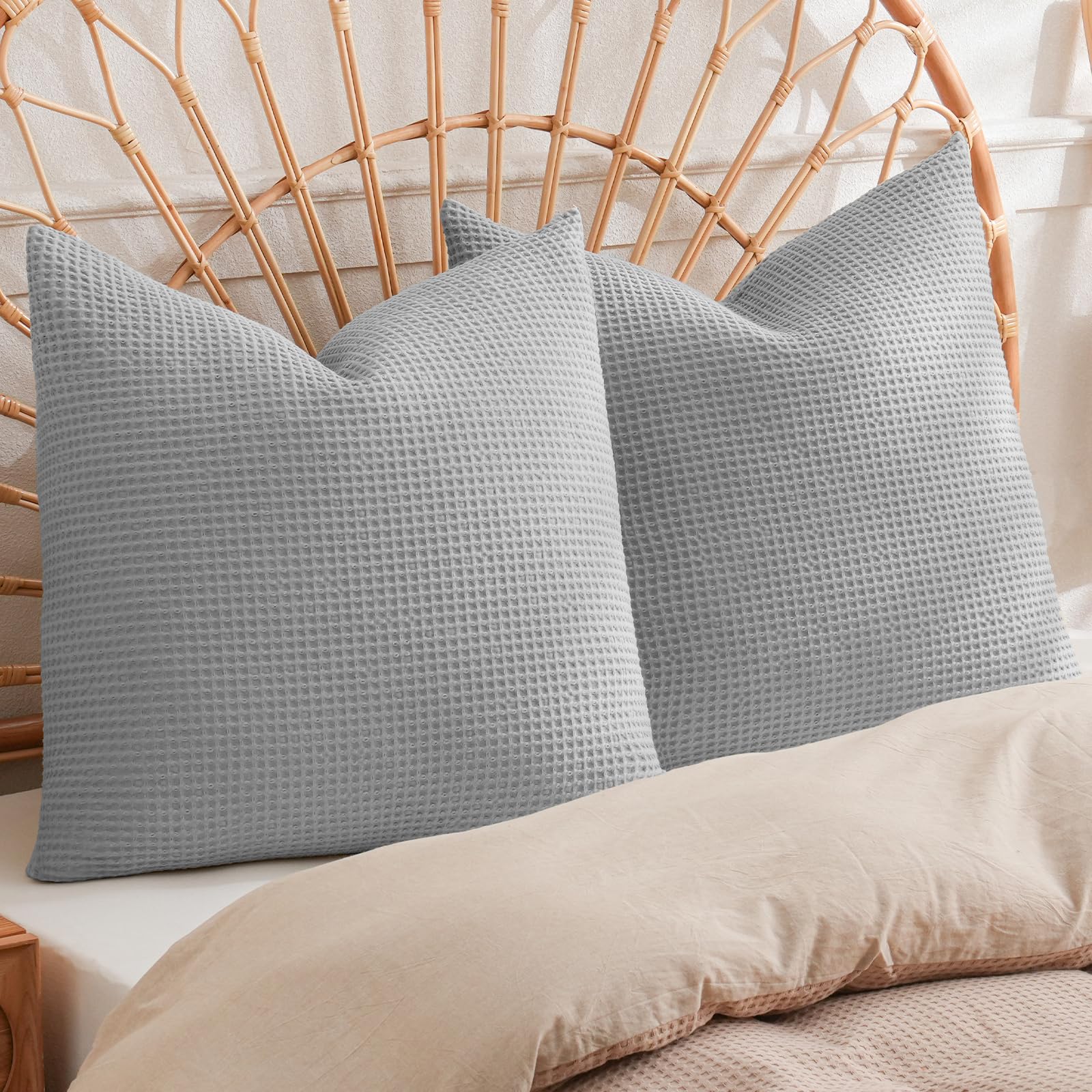 PHF 100% Cotton Waffle Weave Euro Shams 26" x 26", No Filling, 2 Pack Elegant Home Decorative Euro Throw Pillow Covers for Bed Couch Sofa, Coral