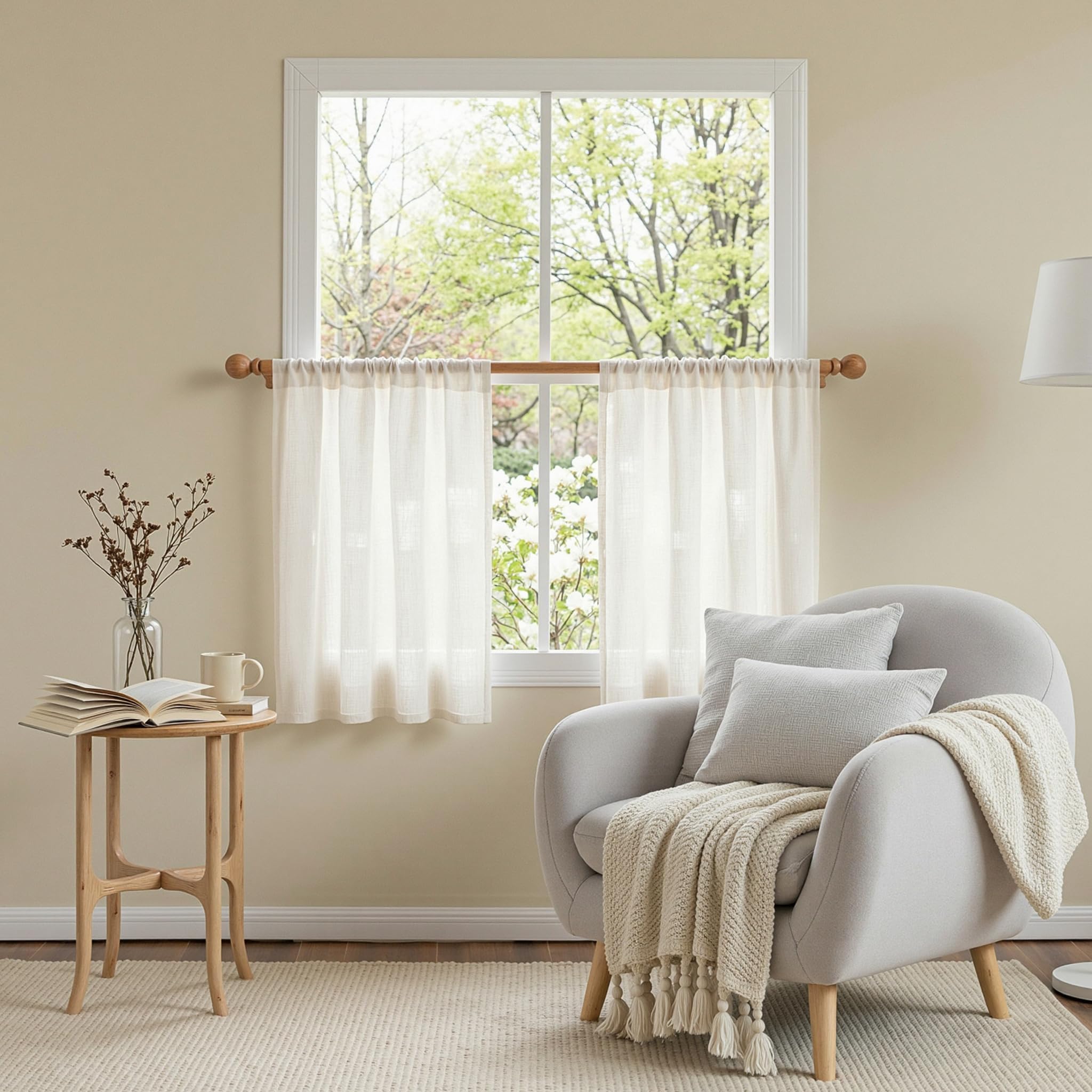 MYSKY HOME Cotton Curtains for Living Room Farmhouse Semi Sheer Light Filtering for Windows, Linen Look Texture Soft Modern Decor Country Style, 50" x 84", Light Oatmeal, 2 Panels