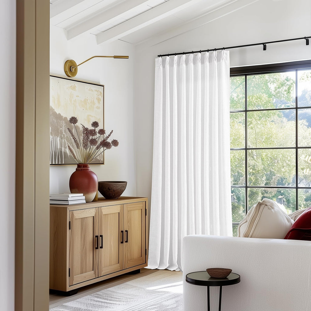 Natural Pinch Pleated Linen Curtains 84 Inch Length 2 Panels for Living Room Bedroom Textured Cream Ivory Birch Semi Sheer Boho Neutral Back Tab Pinch Pleat Hooks Rings Window Curtain 84 Inches Long