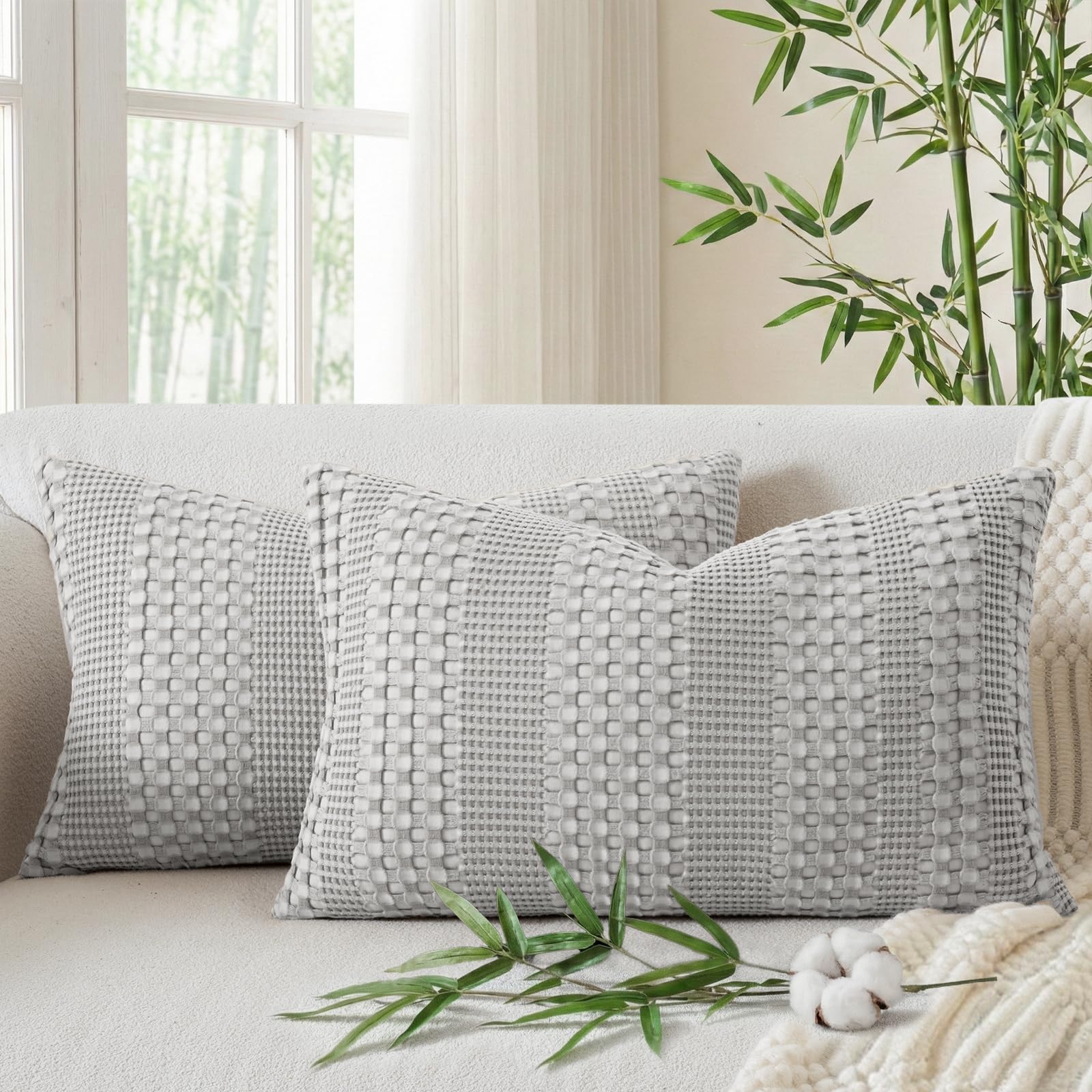 a moment 2 Pack Bamboo Fiber Pillow Covers - Waffle Weave, Ultra Soft & Breathable, Euro Shams Cotton Throw Pillow for Couch, Sofa, Bedroom Living Room 24x24 Inch White