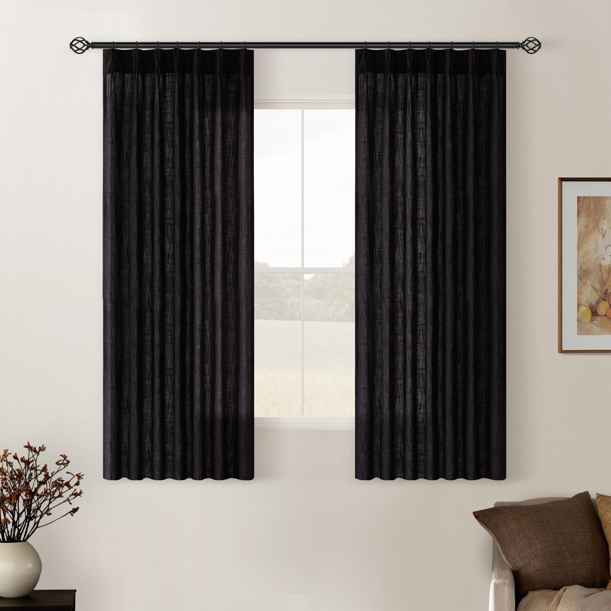 Natural Pinch Pleated Linen Curtains 84 Inch Length 2 Panels for Living Room Bedroom Textured Cream Ivory Birch Semi Sheer Boho Neutral Back Tab Pinch Pleat Hooks Rings Window Curtain 84 Inches Long