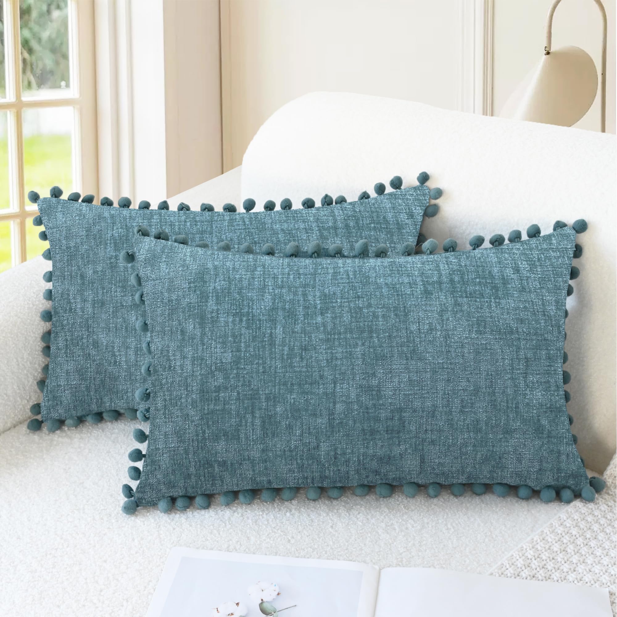 CaliTime Throw Pillow Covers Decorative 18 X 18 Inches Pack of 2 Cozy Solid Dyed Soft Chenille Cushion Cases with Pom Poms for Couch Sofa Bed Living Room Home Living Coral