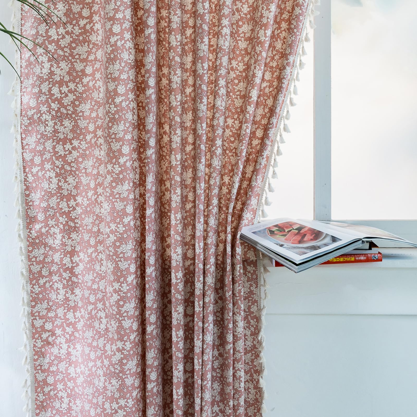 ENJOYBRIDAL Floral Bedroom Curtains 84 Inch Length 2 Panels Set Farmhouse Semi Sheer Living Room Drapes Cotton Linen Blend Bohemian Window Curtain Panels with Tassel Beige Rod Pocket Drapes