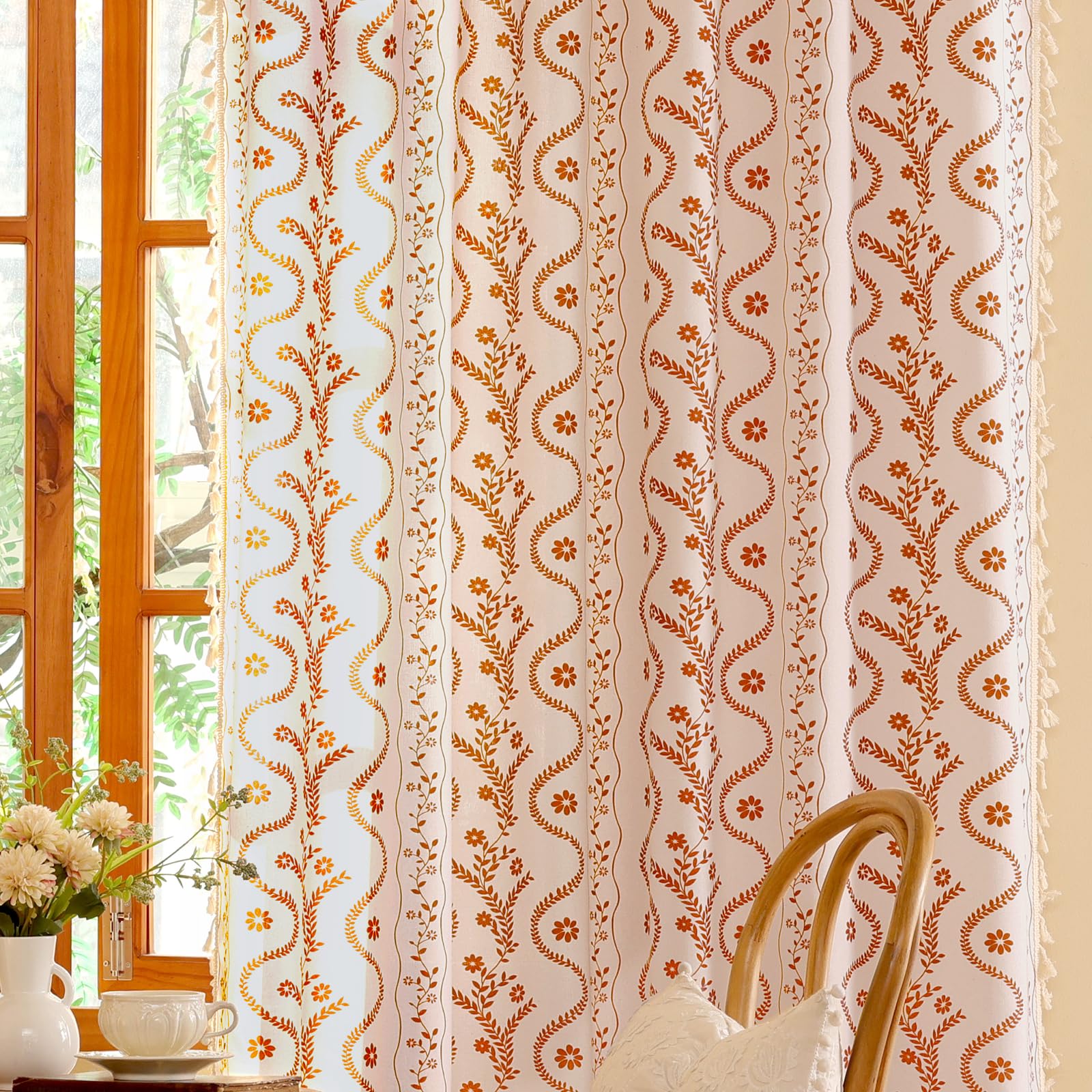 Burnt Orange Curtains for Living Room Patterned Farmhouse Curtains 2 Panels,Boho Linen Vintage Tassel Terracotta Floral Fall Window Curtain for Bedroom Dining Room Kitchen 84 Inch Long