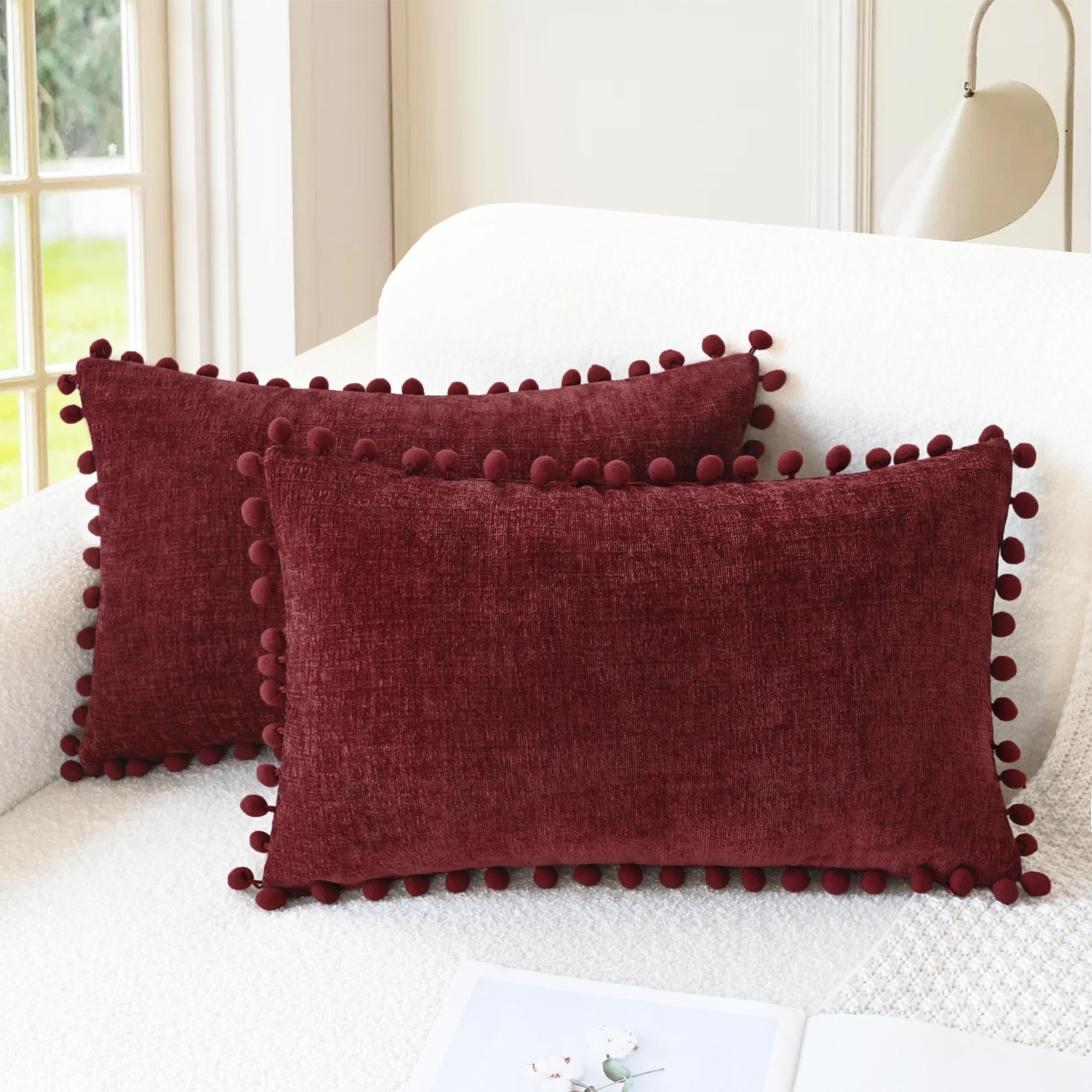 CaliTime Throw Pillow Covers Decorative 18 X 18 Inches Pack of 2 Cozy Solid Dyed Soft Chenille Cushion Cases with Pom Poms for Couch Sofa Bed Living Room Home Living Coral