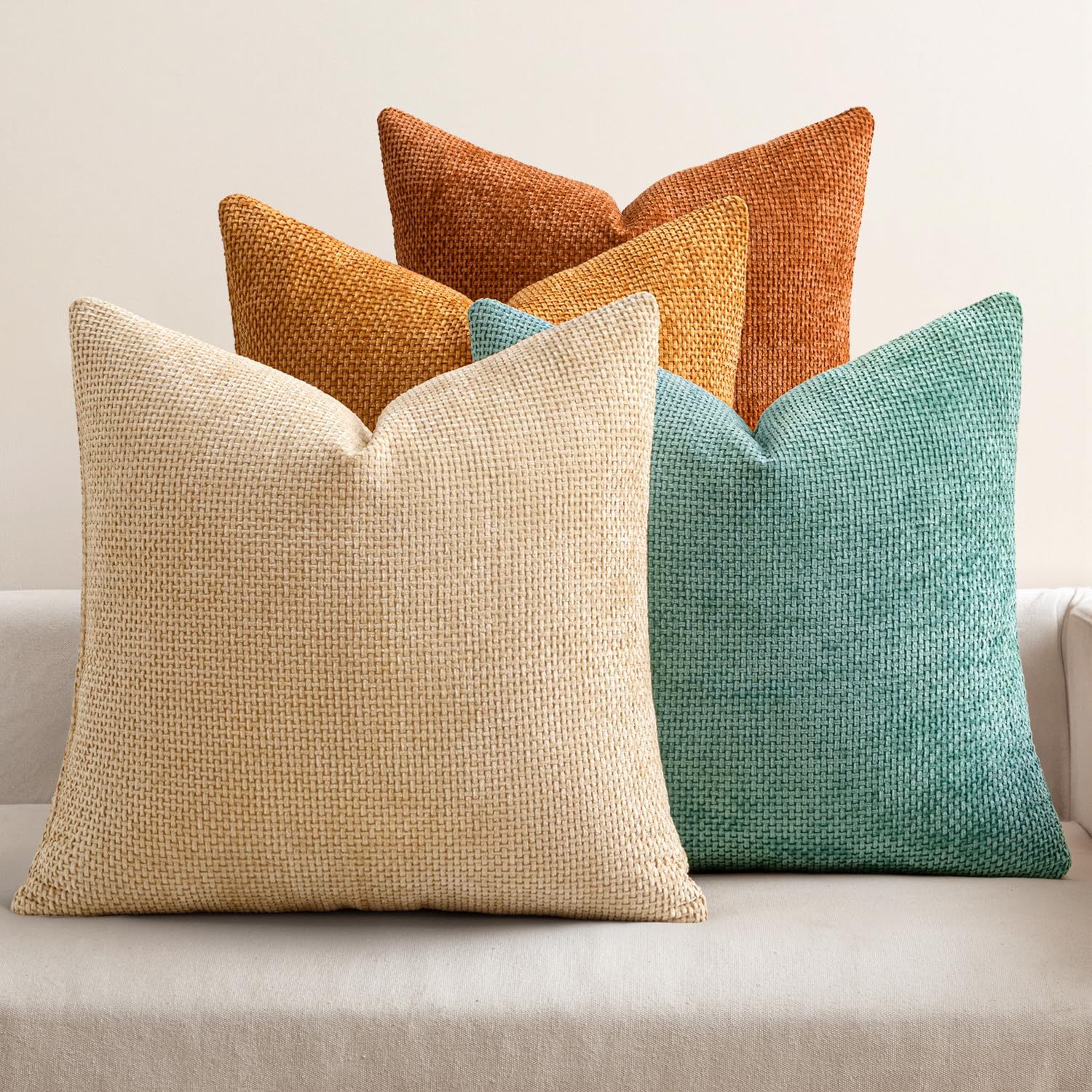 MIULEE Pack of 4 Couch Throw Pillow Covers 18x18 Inch Cream Soft Decorative Chenille Pillow Covers Farmhouse Accent Cushion Covers for Boho Spring Home Decor Sofa Bedroom Living Room