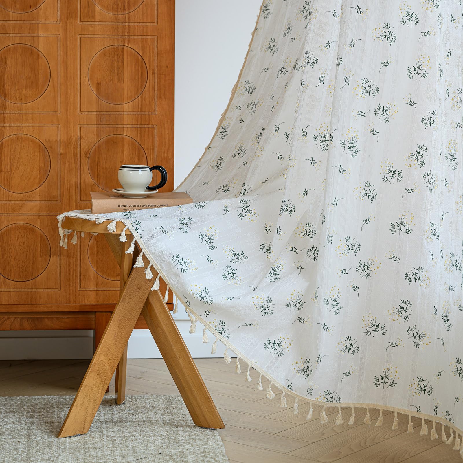 ENJOYBRIDAL Floral Bedroom Curtains 84 Inch Length 2 Panels Set Farmhouse Semi Sheer Living Room Drapes Cotton Linen Blend Bohemian Window Curtain Panels with Tassel Beige Rod Pocket Drapes