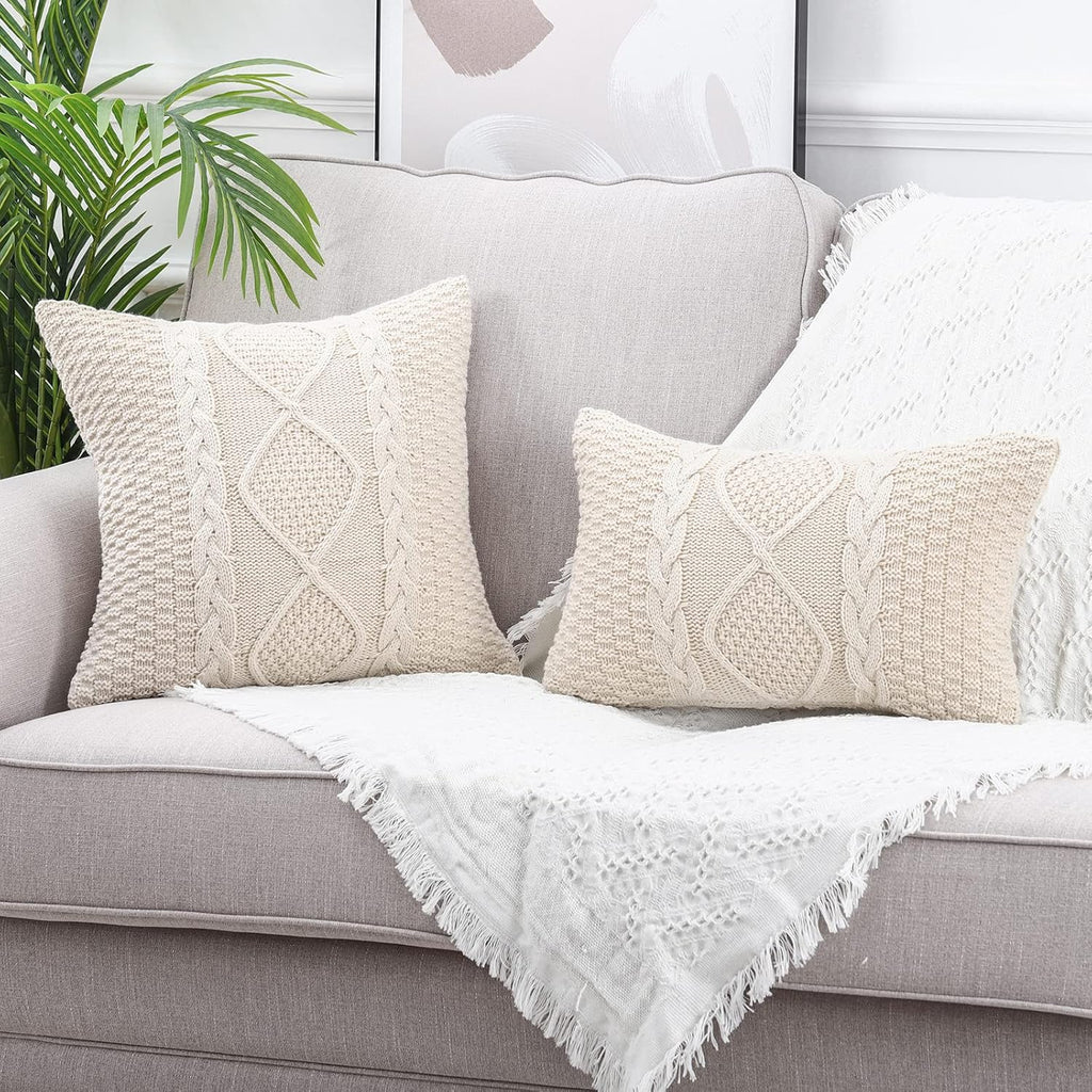 MANDIOO Cotton Knitted Beige Decorative Throw Pillow Covers Soft Cozy Outdoor Cushion Cases Luxury Modern Pillowcases for Couch Sofa Bed 24x24 Inches