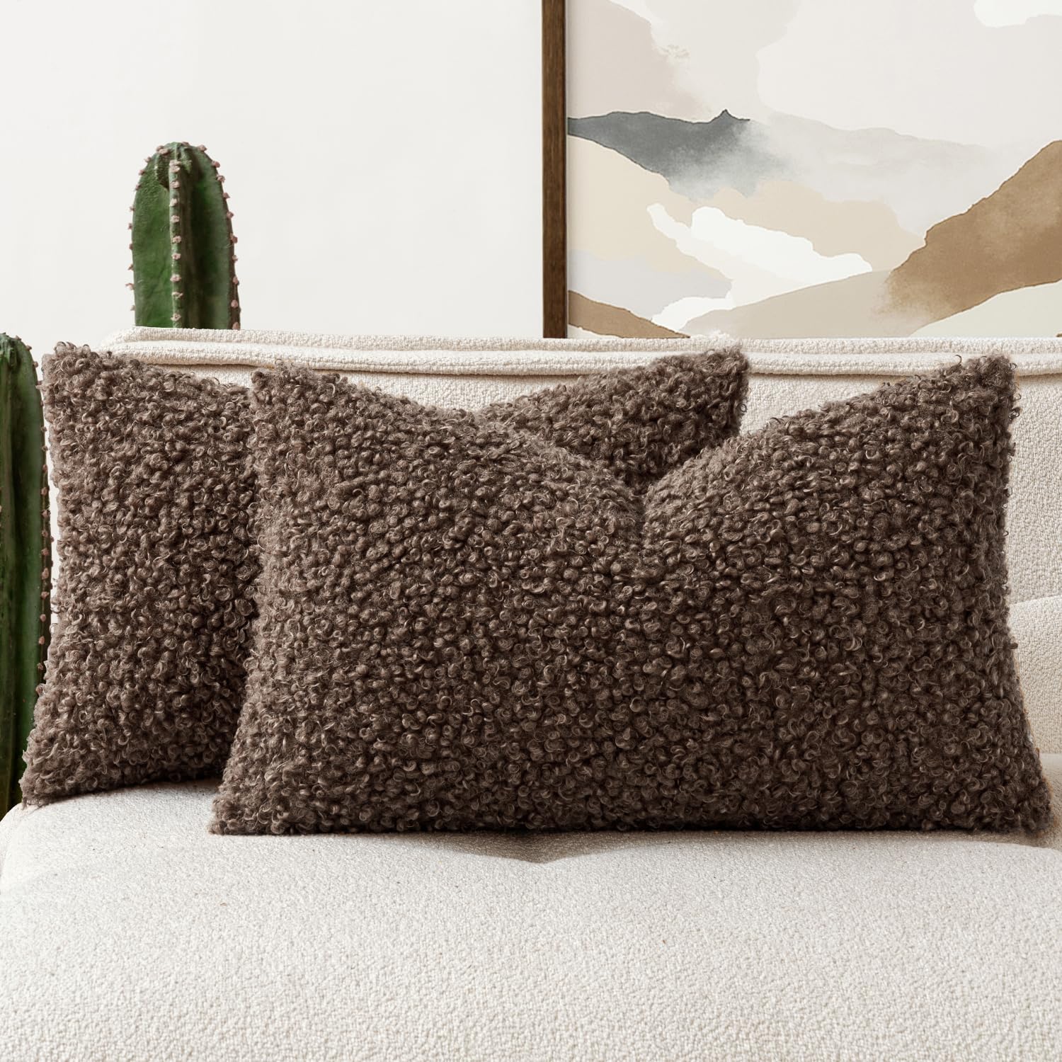 Faux Fur Throw Pillow Covers 20x20 Inch Set of 2 Boucle Neutral Decorative Sherpa Fuzzy Accent Soft Sheepskin Fleece Cushions Modern Home Decor for Couch Sofa Bedroom Living Room,Oatmeal