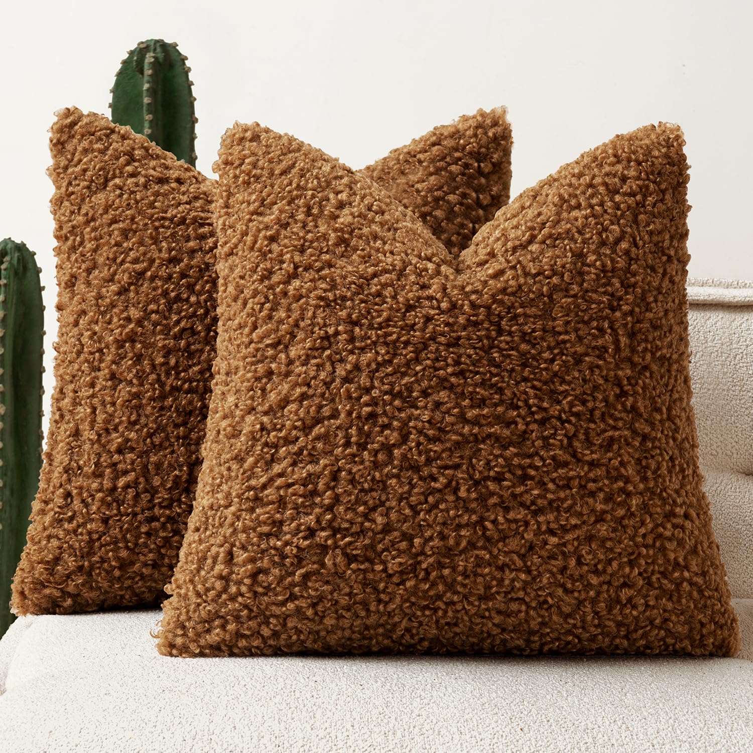 Faux Fur Throw Pillow Covers 20x20 Inch Set of 2 Boucle Neutral Decorative Sherpa Fuzzy Accent Soft Sheepskin Fleece Cushions Modern Home Decor for Couch Sofa Bedroom Living Room,Oatmeal