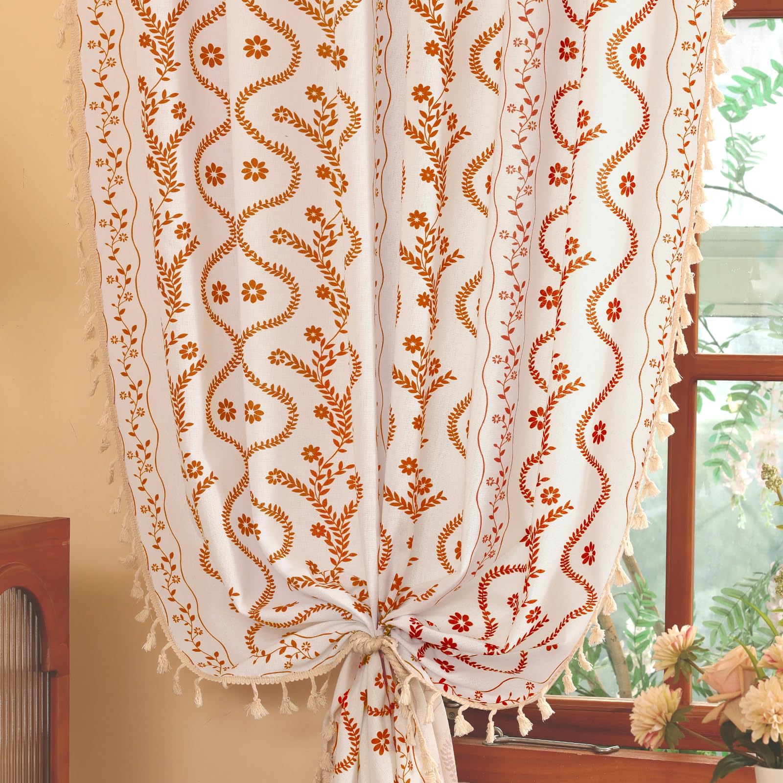 Burnt Orange Curtains for Living Room Patterned Farmhouse Curtains 2 Panels,Boho Linen Vintage Tassel Terracotta Floral Fall Window Curtain for Bedroom Dining Room Kitchen 84 Inch Long