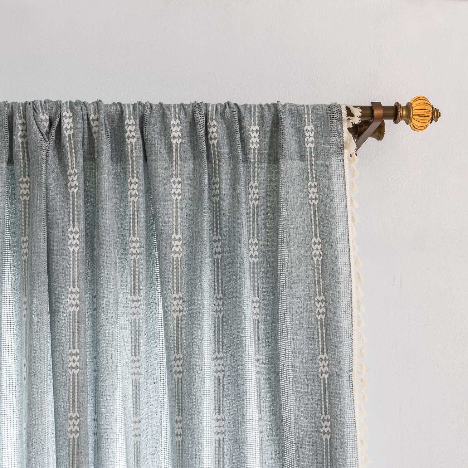 Boho Curtains - Embroidery Linen and Cotton 63 Inch Length 2 Pannels for Living Room, Cream Off White Light Filtering Farmhouse Curtains with Rod Pocket Draperies 52" W x 63" L