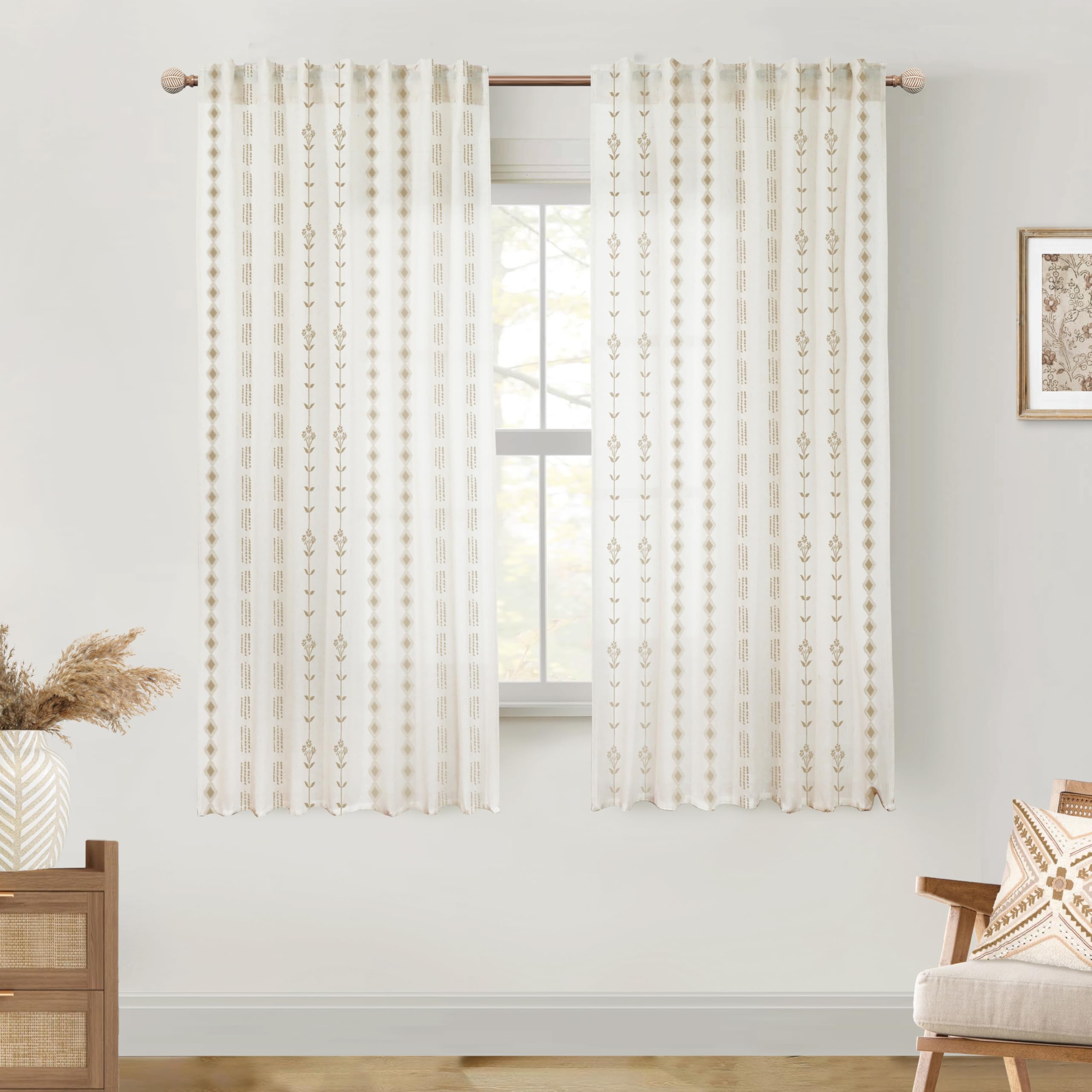 Neutral Farmhouse Curtains for Living Room 84 Inches Long,Taupe Cream Boho Light Filtering Sheer Patterned Modern Beautiful Linen Curtains with Floral Pattern Design Dining Room 84 Length 2 Panels Set