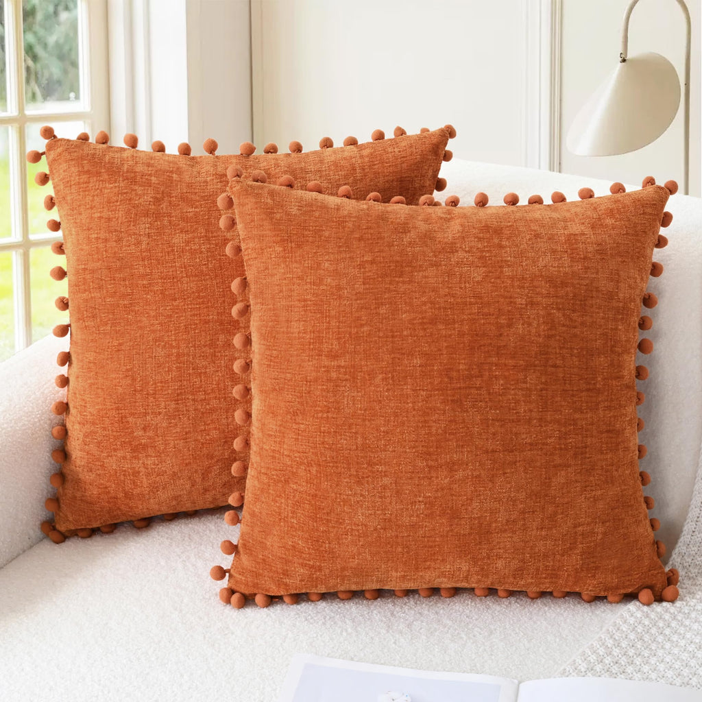 CaliTime Throw Pillow Covers Decorative 18 X 18 Inches Pack of 2 Cozy Solid Dyed Soft Chenille Cushion Cases with Pom Poms for Couch Sofa Bed Living Room Home Living Coral