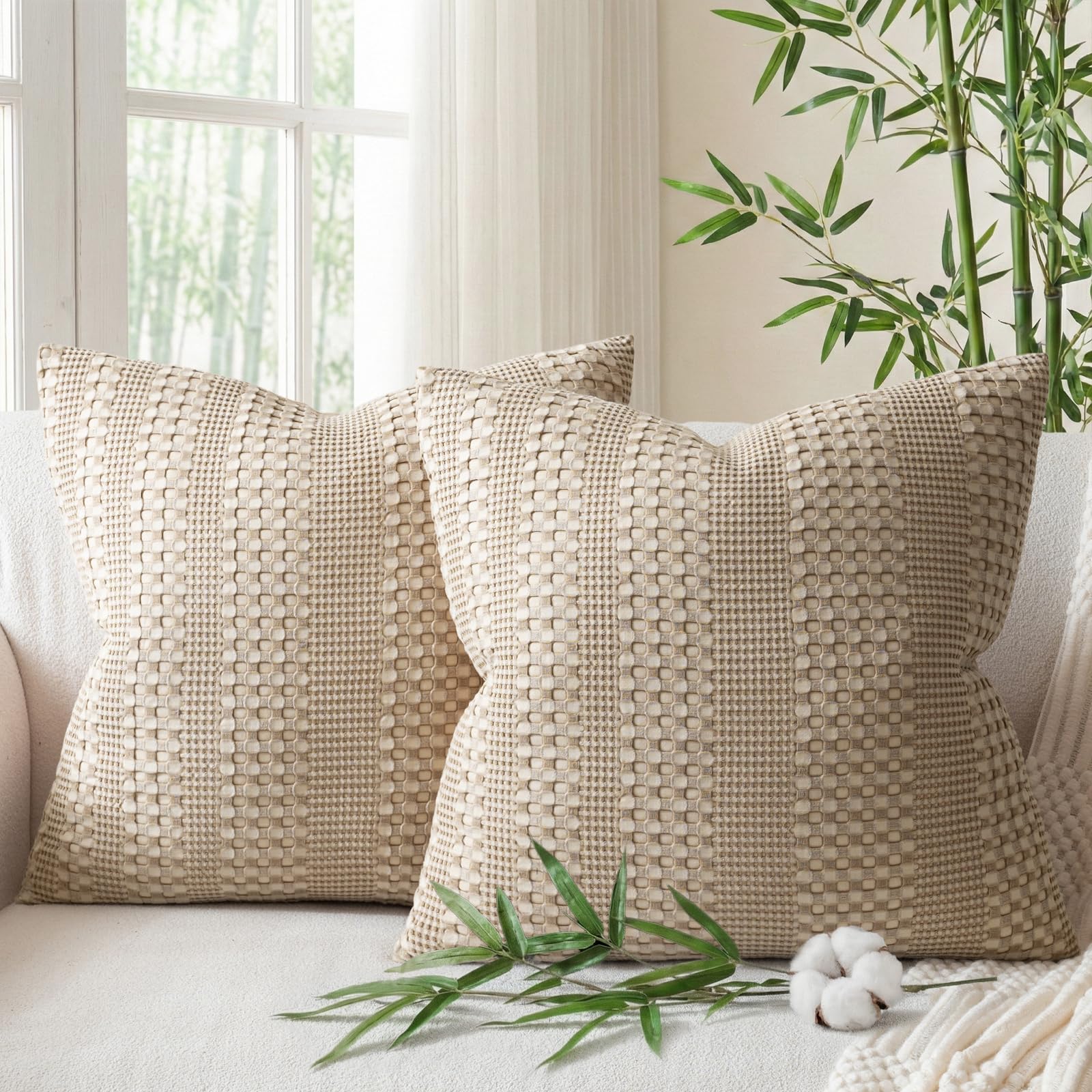 a moment 2 Pack Bamboo Fiber Pillow Covers - Waffle Weave, Ultra Soft & Breathable, Euro Shams Cotton Throw Pillow for Couch, Sofa, Bedroom Living Room 24x24 Inch White