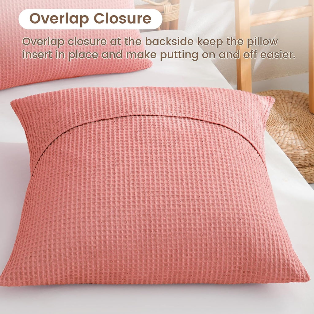 PHF 100% Cotton Waffle Weave Euro Shams 26" x 26", No Filling, 2 Pack Elegant Home Decorative Euro Throw Pillow Covers for Bed Couch Sofa, Coral