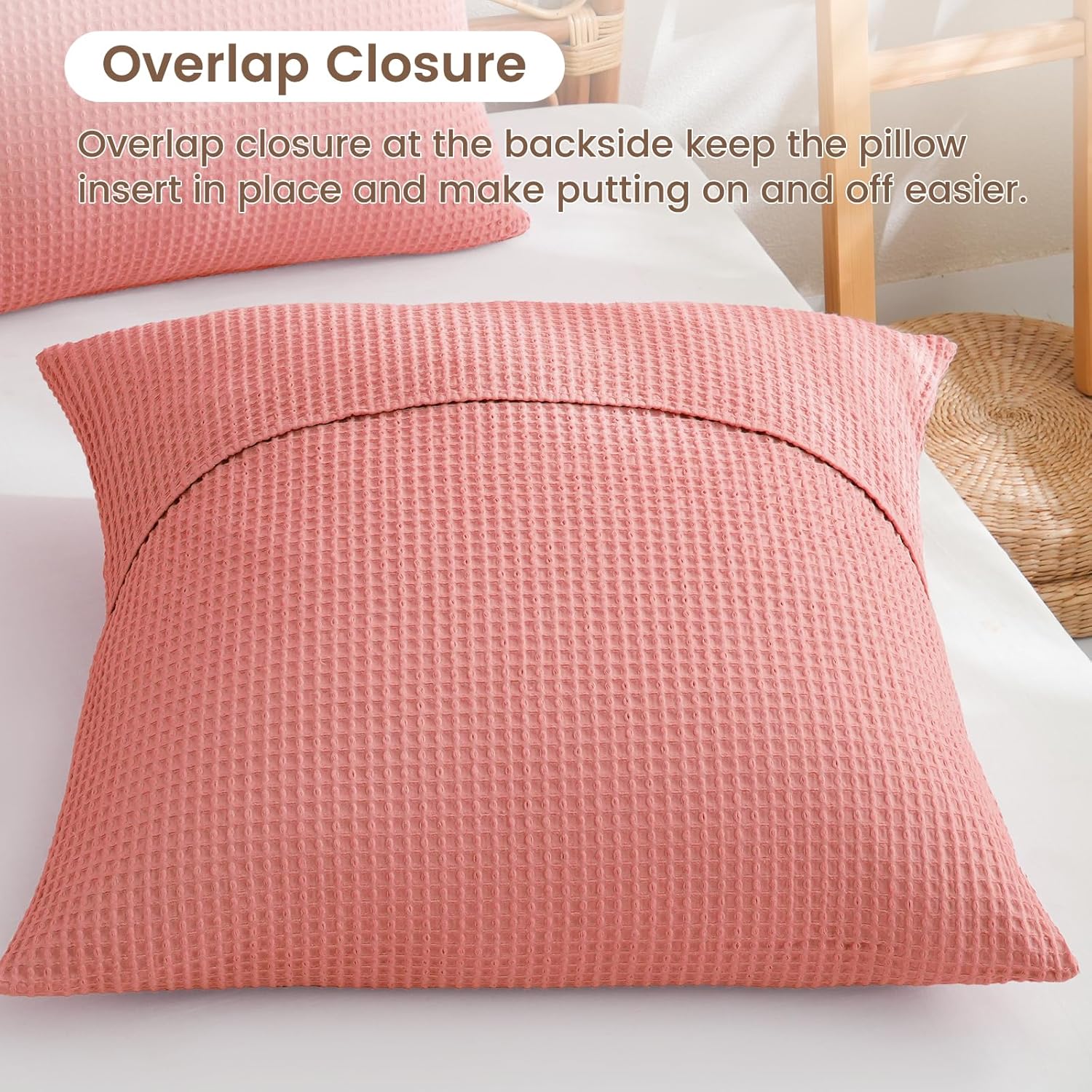 PHF 100% Cotton Waffle Weave Euro Shams 26" x 26", No Filling, 2 Pack Elegant Home Decorative Euro Throw Pillow Covers for Bed Couch Sofa, Coral