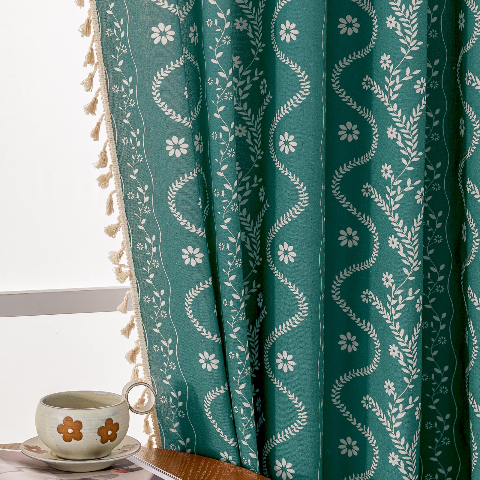 Burnt Orange Curtains for Living Room Patterned Farmhouse Curtains 2 Panels,Boho Linen Vintage Tassel Terracotta Floral Fall Window Curtain for Bedroom Dining Room Kitchen 84 Inch Long