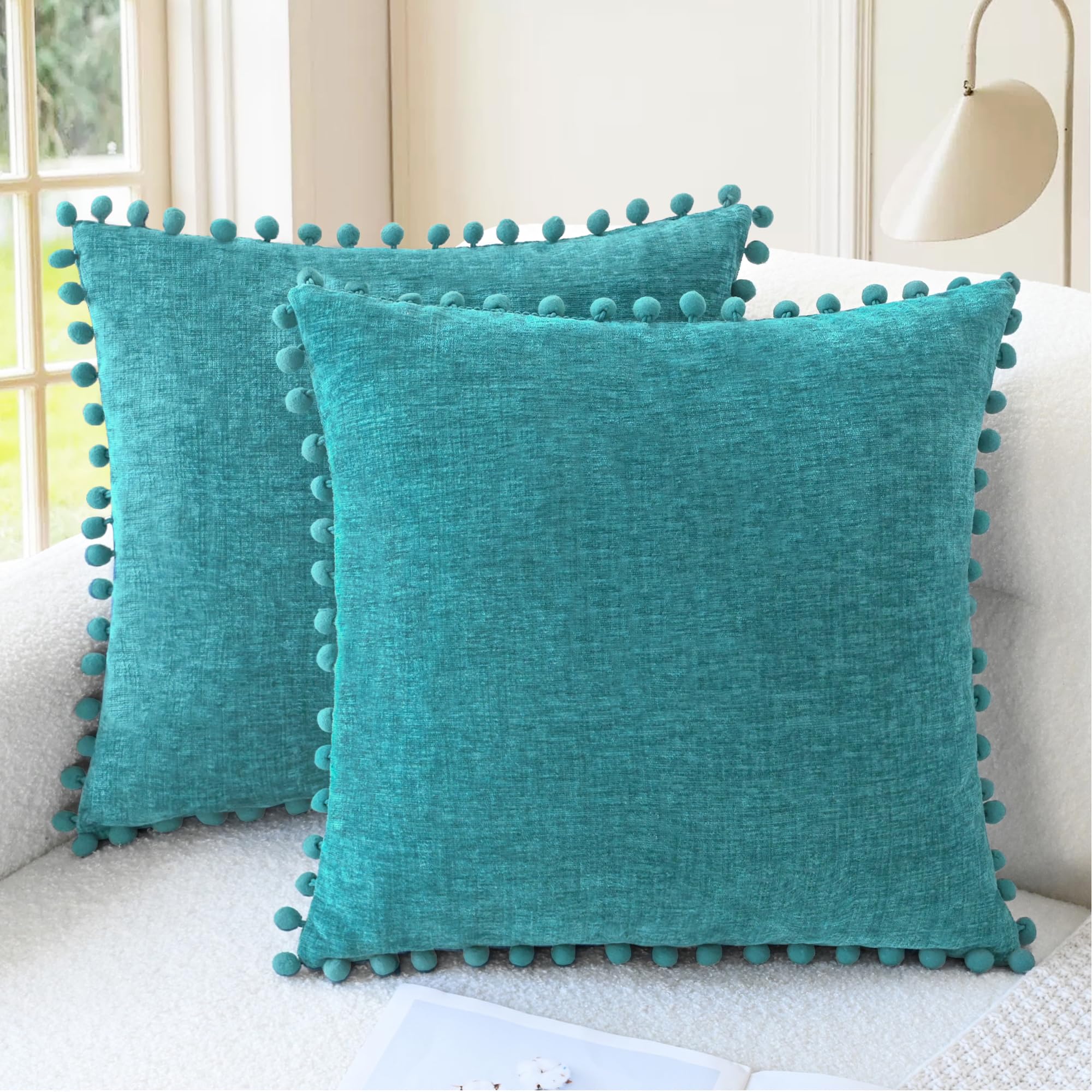CaliTime Throw Pillow Covers Decorative 18 X 18 Inches Pack of 2 Cozy Solid Dyed Soft Chenille Cushion Cases with Pom Poms for Couch Sofa Bed Living Room Home Living Coral