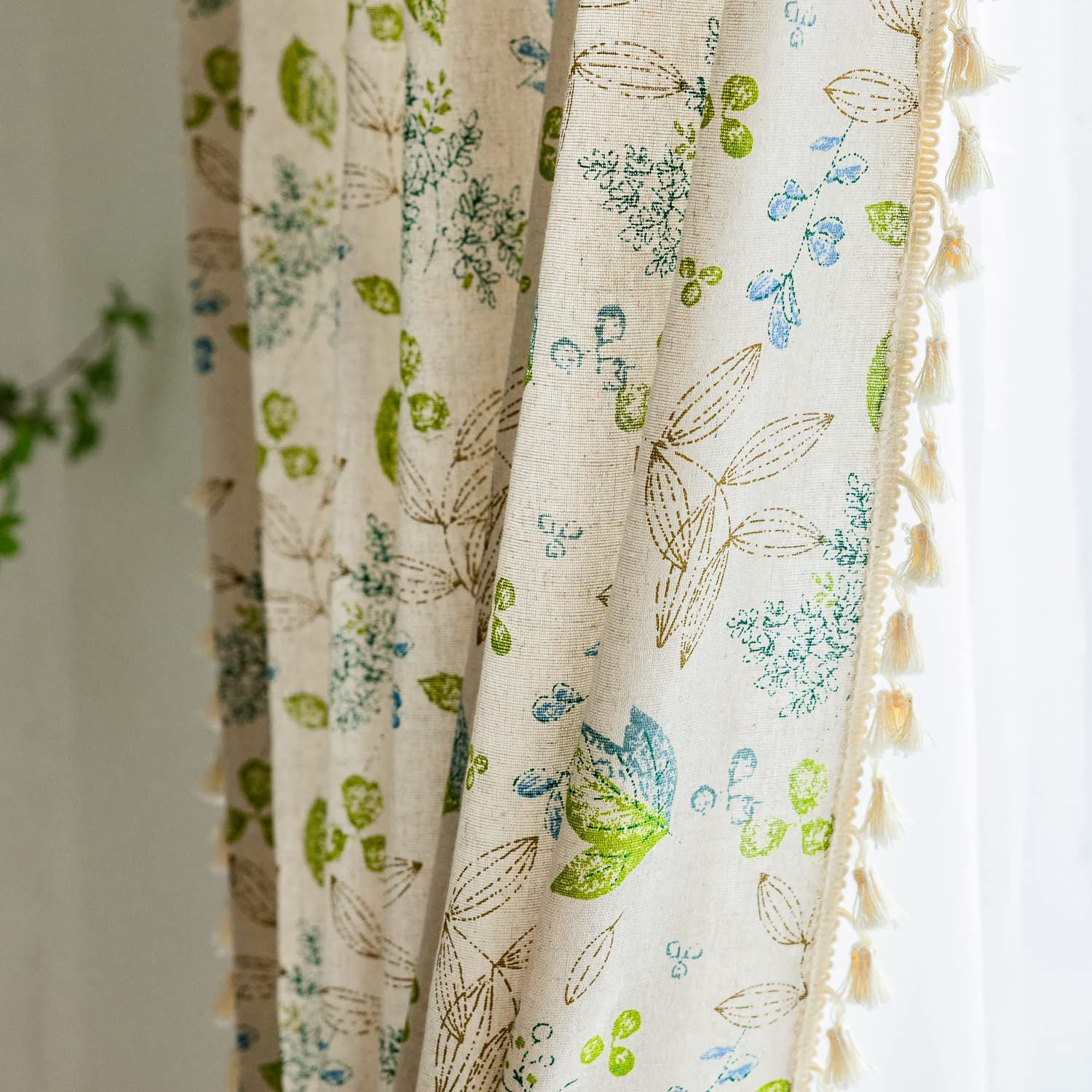 ENJOYBRIDAL Floral Bedroom Curtains 84 Inch Length 2 Panels Set Farmhouse Semi Sheer Living Room Drapes Cotton Linen Blend Bohemian Window Curtain Panels with Tassel Beige Rod Pocket Drapes