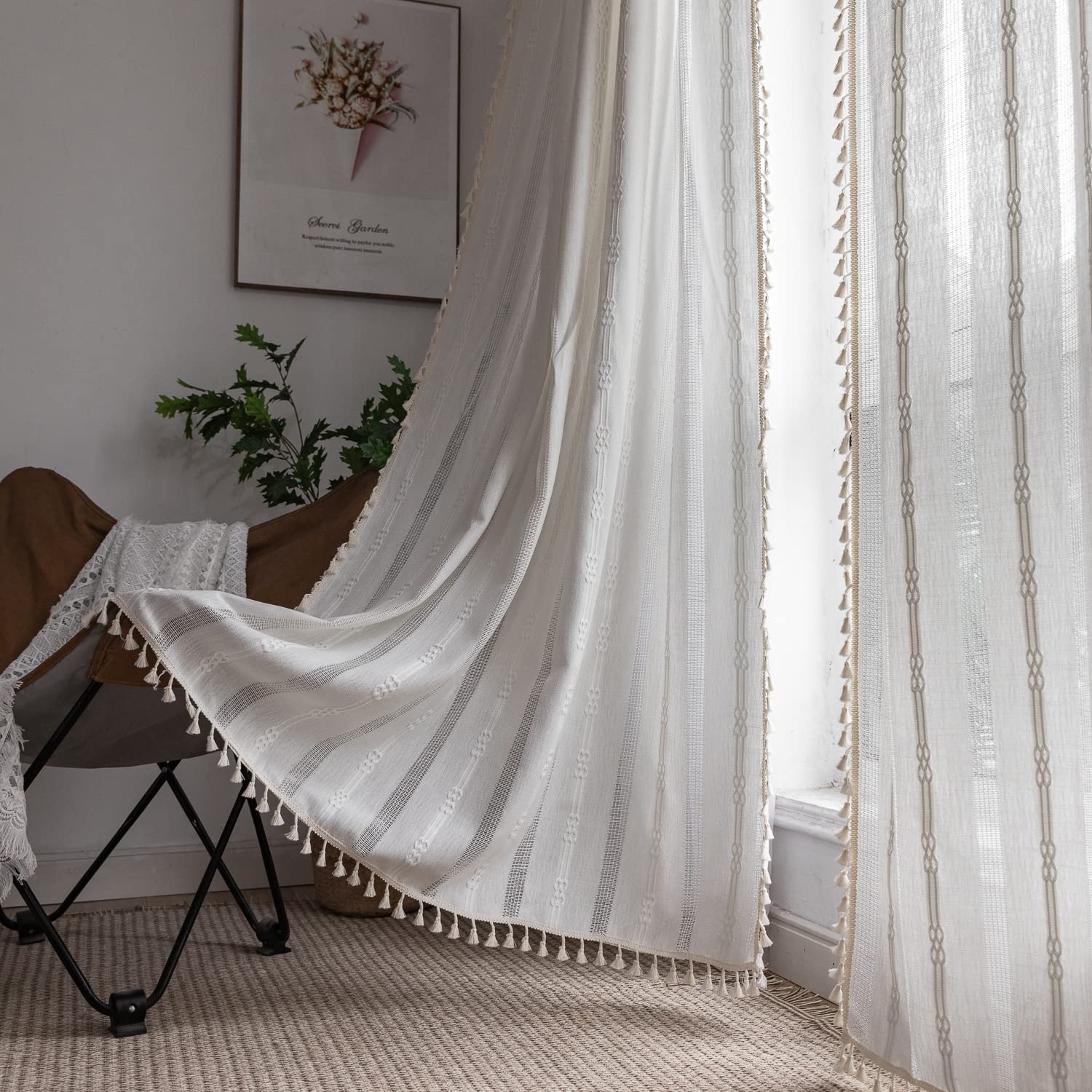 Boho Curtains - Embroidery Linen and Cotton 63 Inch Length 2 Pannels for Living Room, Cream Off White Light Filtering Farmhouse Curtains with Rod Pocket Draperies 52" W x 63" L