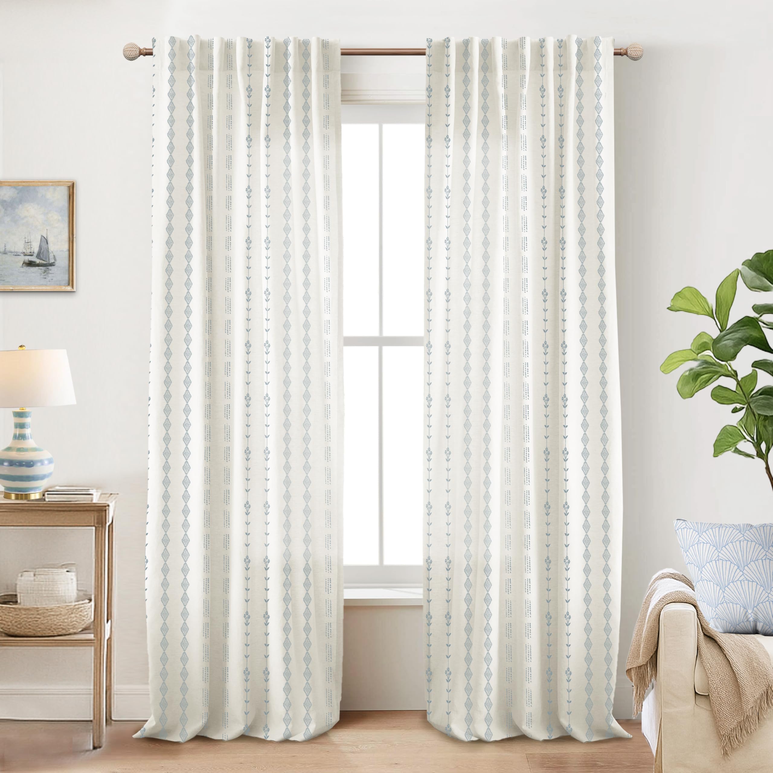 Neutral Farmhouse Curtains for Living Room 84 Inches Long,Taupe Cream Boho Light Filtering Sheer Patterned Modern Beautiful Linen Curtains with Floral Pattern Design Dining Room 84 Length 2 Panels Set
