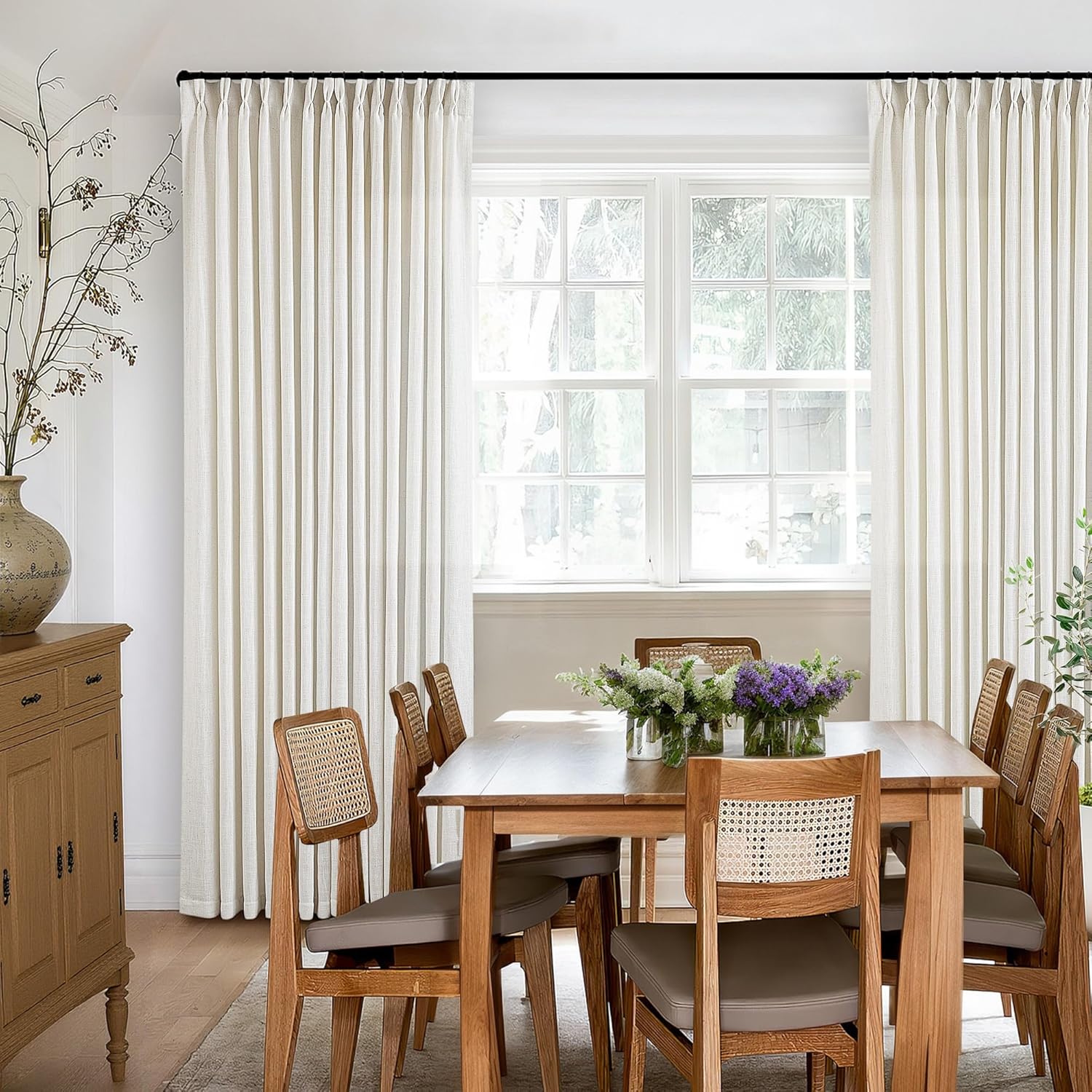 Natural Pinch Pleated Linen Curtains 84 Inch Length 2 Panels for Living Room Bedroom Textured Cream Ivory Birch Semi Sheer Boho Neutral Back Tab Pinch Pleat Hooks Rings Window Curtain 84 Inches Long