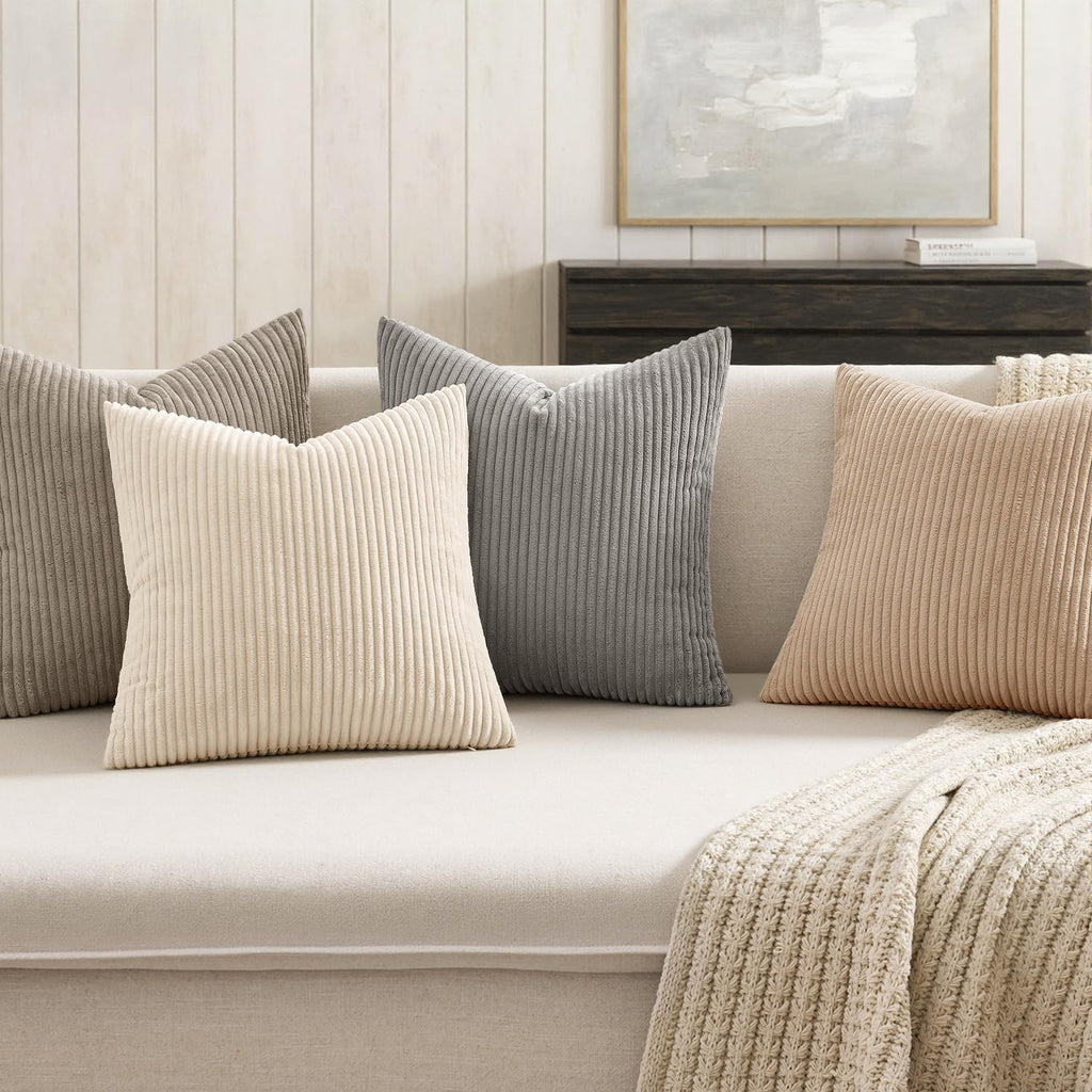 MIULEE Boho Farmhouse Neutral Cream Throw Pillow Covers 18x18 Inch Set of 4 Mordern Nordic Cushion Covers Soft Corduroy Spring Home Decor for Couch Bed Sofa Living Room