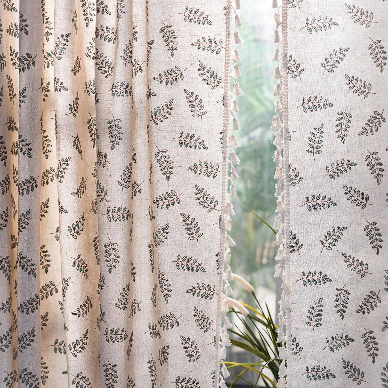 ENJOYBRIDAL Floral Bedroom Curtains 84 Inch Length 2 Panels Set Farmhouse Semi Sheer Living Room Drapes Cotton Linen Blend Bohemian Window Curtain Panels with Tassel Beige Rod Pocket Drapes