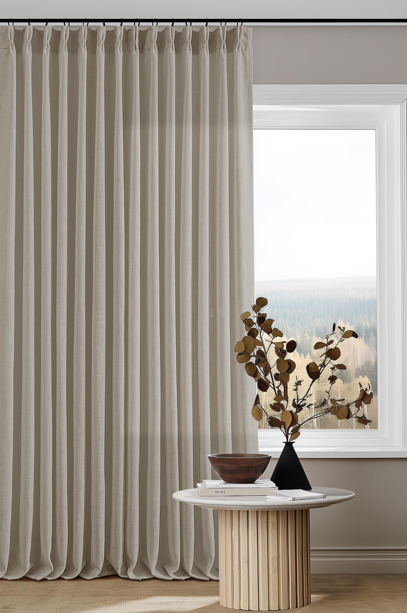 Natural Pinch Pleated Linen Curtains 84 Inch Length 2 Panels for Living Room Bedroom Textured Cream Ivory Birch Semi Sheer Boho Neutral Back Tab Pinch Pleat Hooks Rings Window Curtain 84 Inches Long