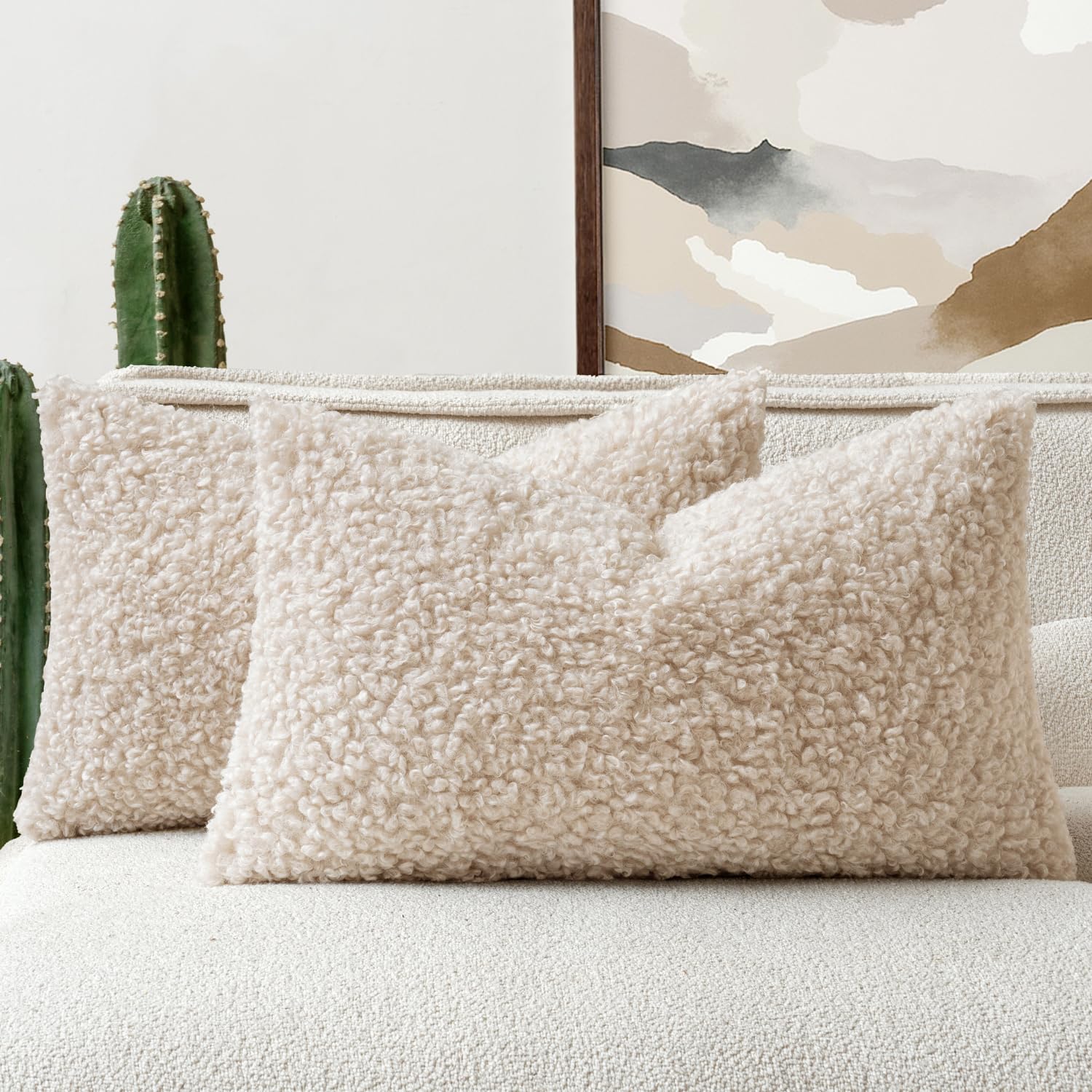 Faux Fur Throw Pillow Covers 20x20 Inch Set of 2 Boucle Neutral Decorative Sherpa Fuzzy Accent Soft Sheepskin Fleece Cushions Modern Home Decor for Couch Sofa Bedroom Living Room,Oatmeal