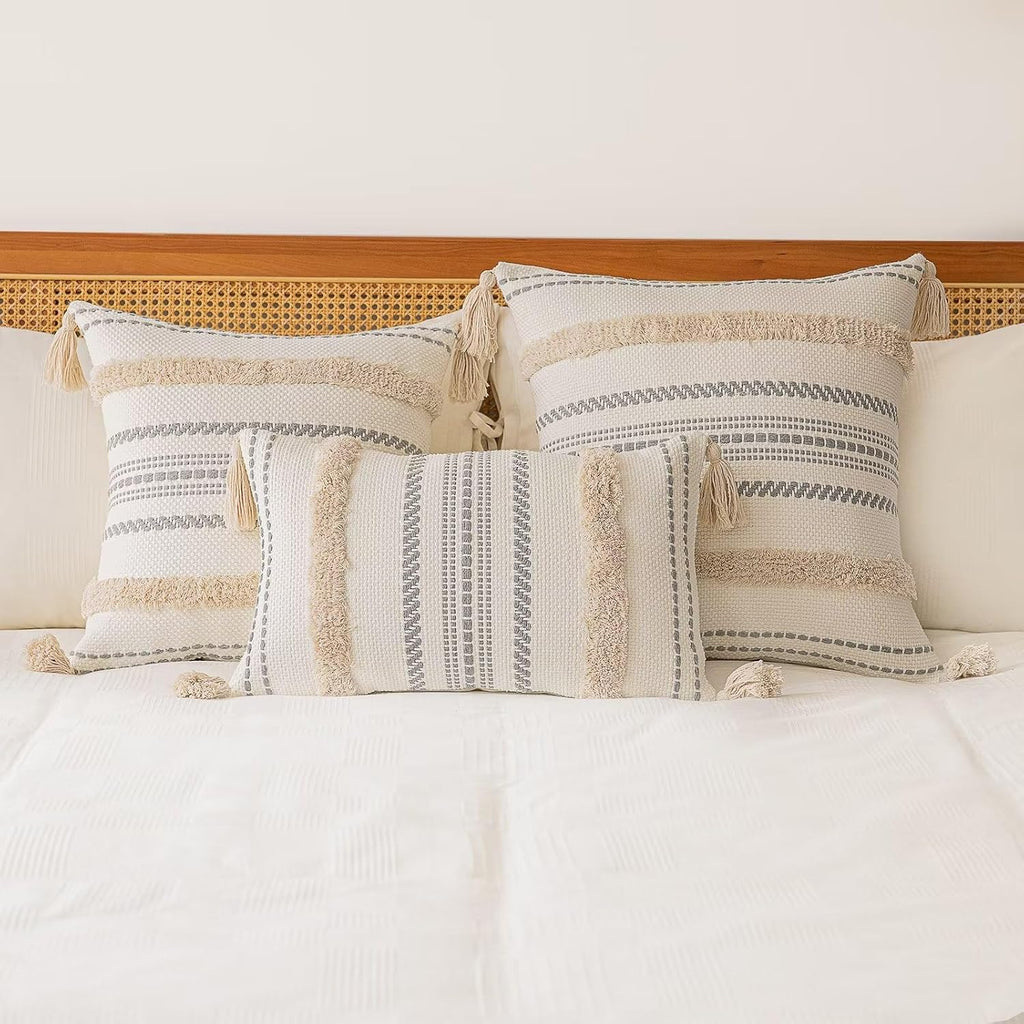 Boho Throw Pillow Covers 18x18 Set of 2 Woven Tufted Farmhouse Pillows Cover with Tassels Textured Striped Cushion Case Neutral Pillow Cases Decorative Pillowcase for Sofa, Couch, Bed, Khaki
