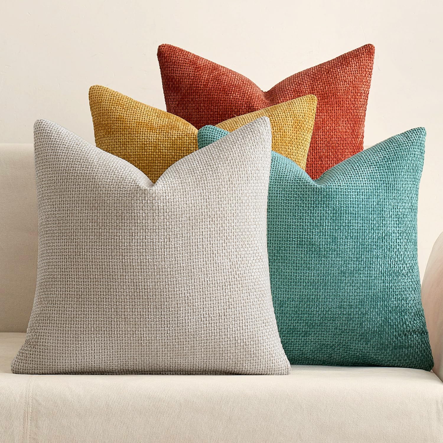 MIULEE Pack of 4 Couch Throw Pillow Covers 18x18 Inch Cream Soft Decorative Chenille Pillow Covers Farmhouse Accent Cushion Covers for Boho Spring Home Decor Sofa Bedroom Living Room