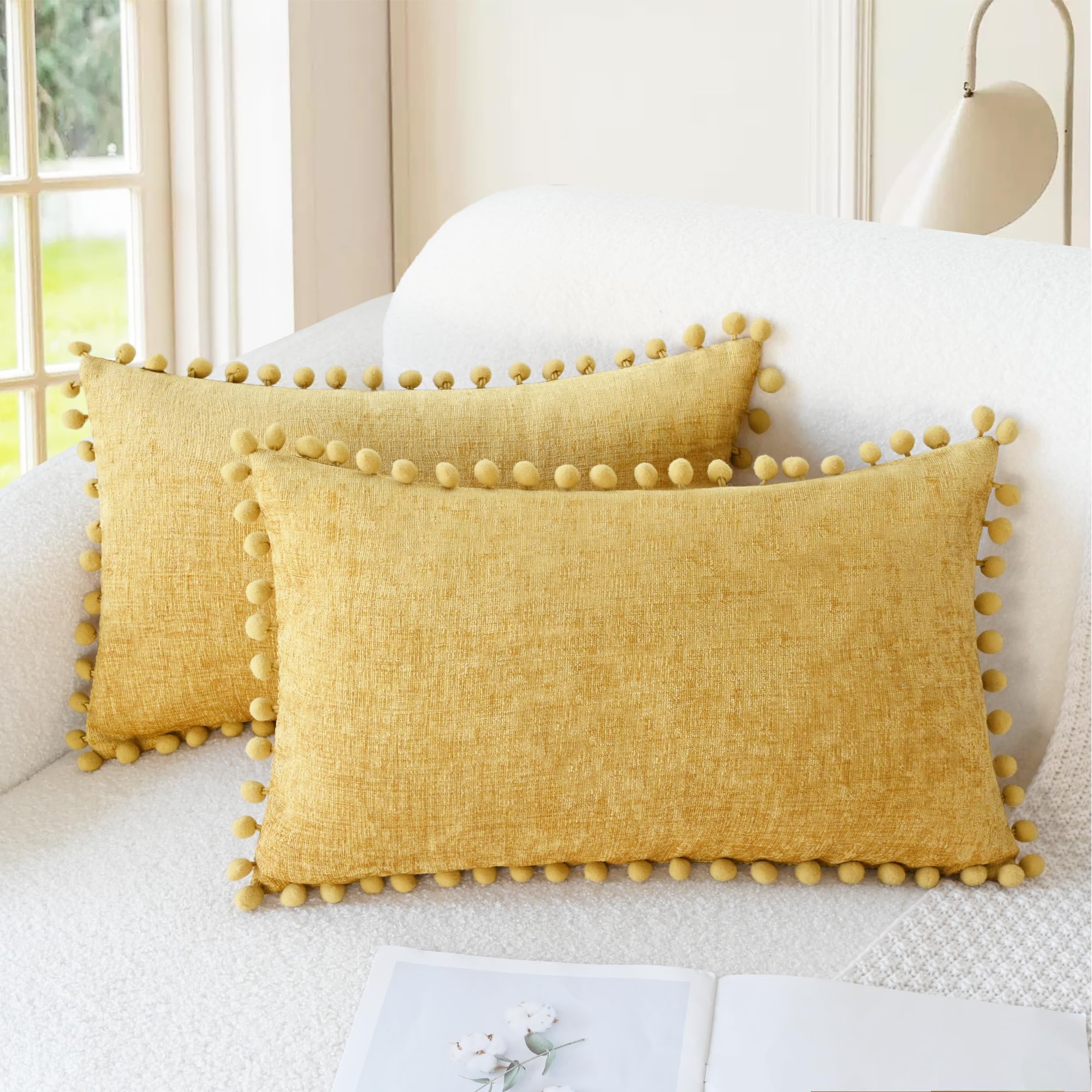 CaliTime Throw Pillow Covers Decorative 18 X 18 Inches Pack of 2 Cozy Solid Dyed Soft Chenille Cushion Cases with Pom Poms for Couch Sofa Bed Living Room Home Living Coral