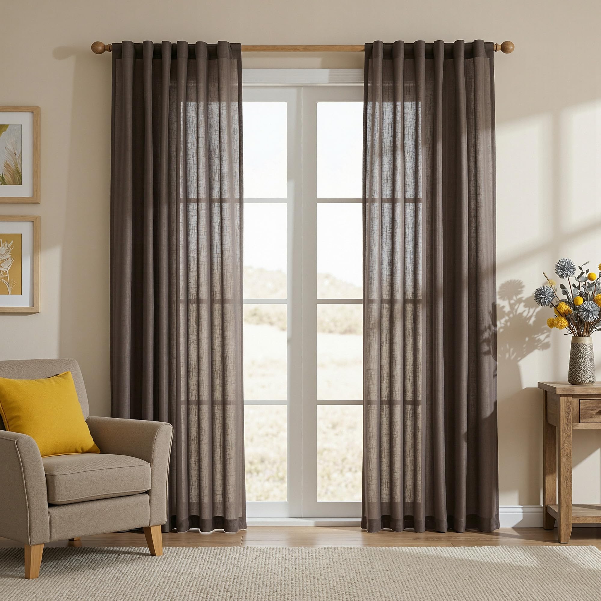 MYSKY HOME Cotton Curtains for Living Room Farmhouse Semi Sheer Light Filtering for Windows, Linen Look Texture Soft Modern Decor Country Style, 50" x 84", Light Oatmeal, 2 Panels