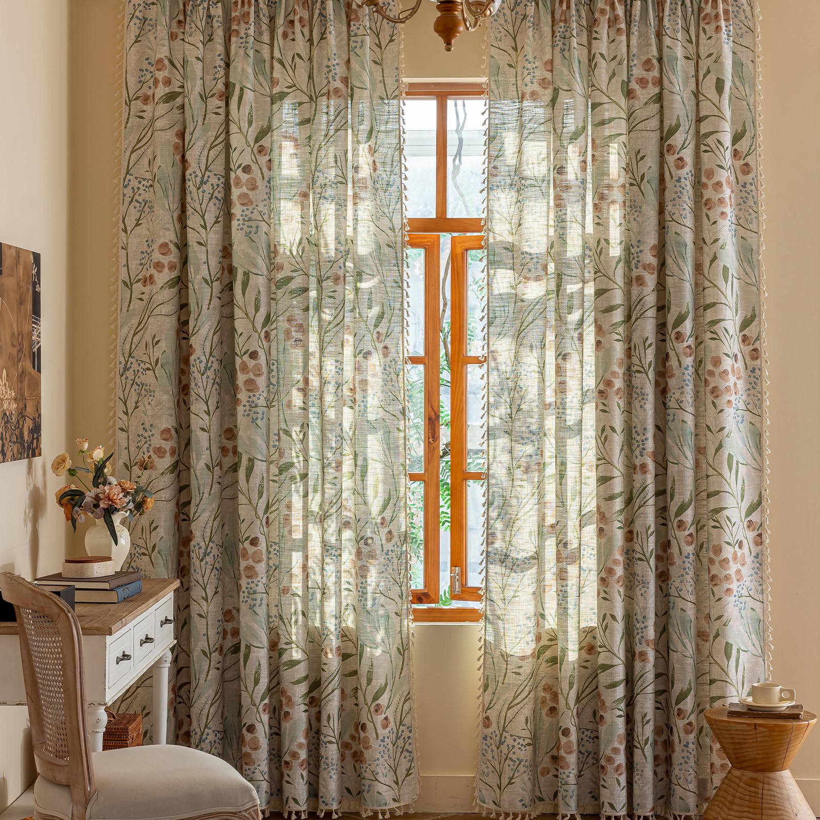 ENJOYBRIDAL Floral Bedroom Curtains 84 Inch Length 2 Panels Set Farmhouse Semi Sheer Living Room Drapes Cotton Linen Blend Bohemian Window Curtain Panels with Tassel Beige Rod Pocket Drapes