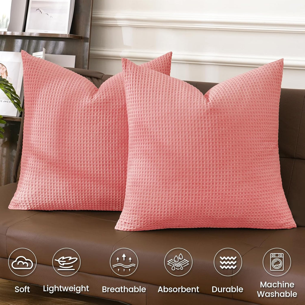 PHF 100% Cotton Waffle Weave Euro Shams 26" x 26", No Filling, 2 Pack Elegant Home Decorative Euro Throw Pillow Covers for Bed Couch Sofa, Coral