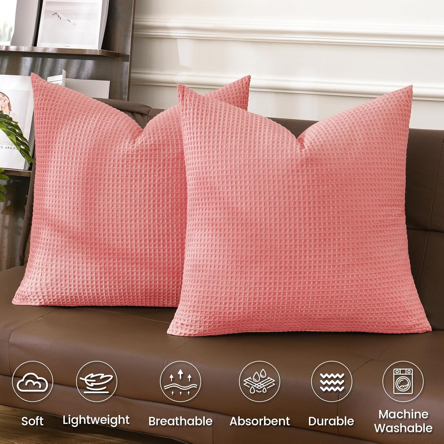 PHF 100% Cotton Waffle Weave Euro Shams 26" x 26", No Filling, 2 Pack Elegant Home Decorative Euro Throw Pillow Covers for Bed Couch Sofa, Coral