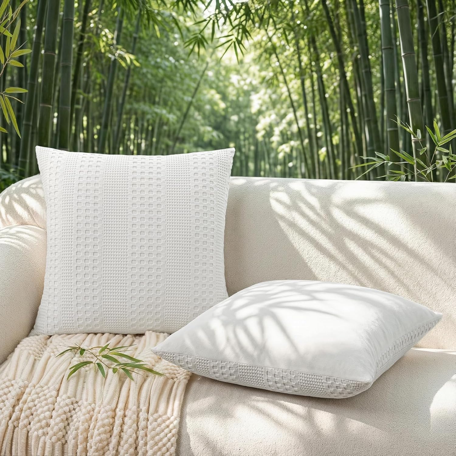 a moment 2 Pack Bamboo Fiber Pillow Covers - Waffle Weave, Ultra Soft & Breathable, Euro Shams Cotton Throw Pillow for Couch, Sofa, Bedroom Living Room 24x24 Inch White
