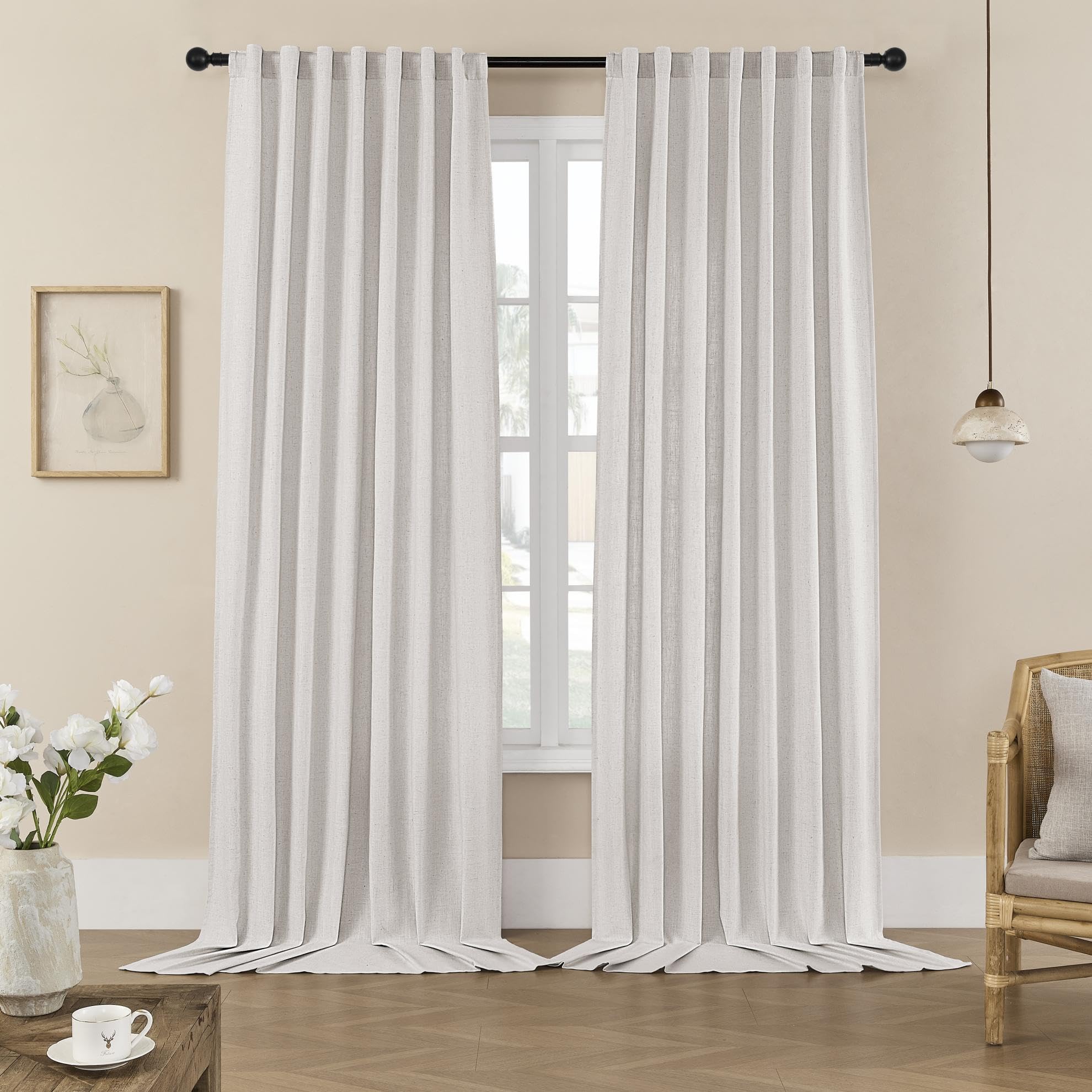 Joydeco Linen Curtains 96 inch Length 2 Panel Set, Light Filtering Curtain for Living Room Bedroom, 52 inch Wide Drapes with Rod Pocket Back Tab (96" Lx52 W, Ivory on Linen)