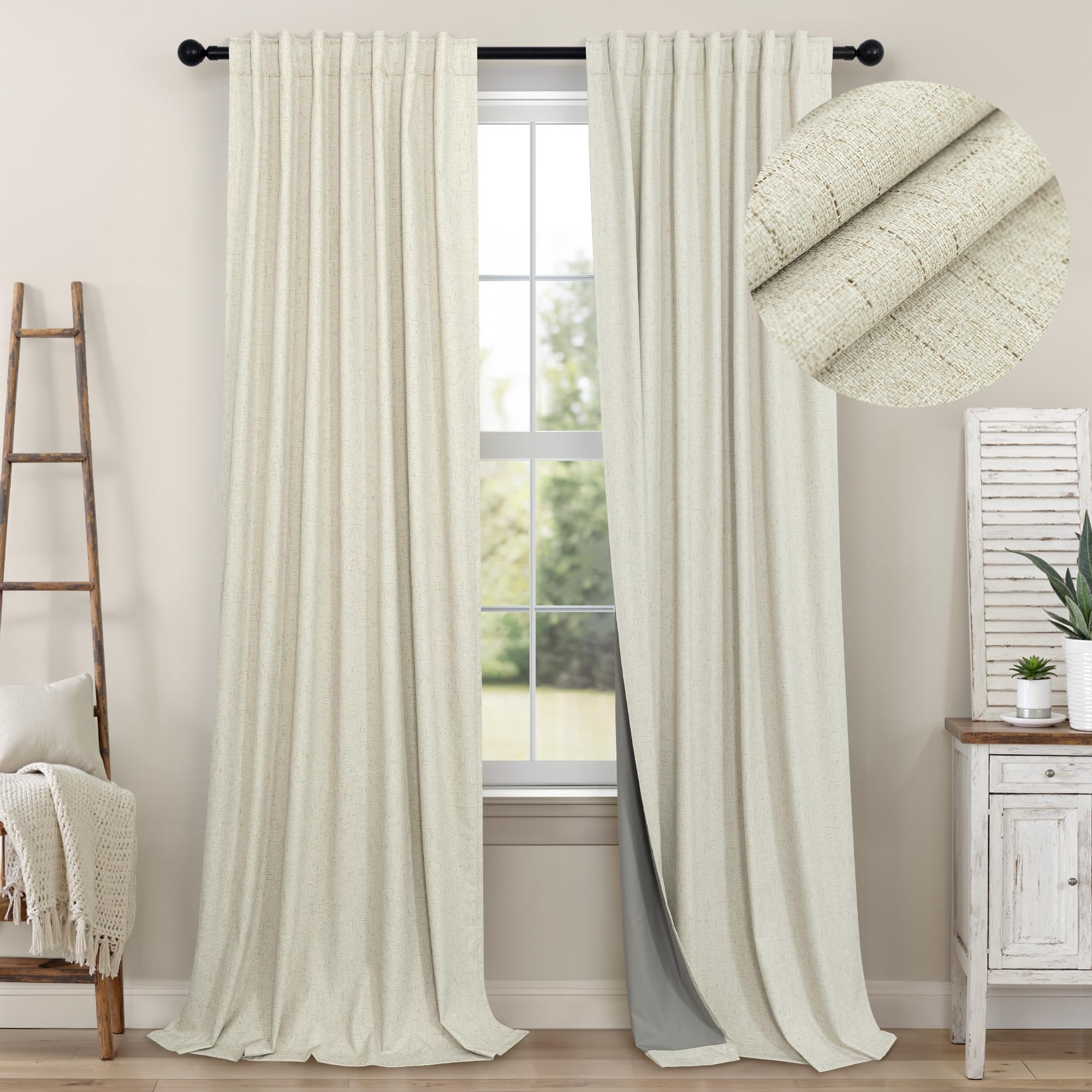 100% Blackout Curtains 84 Inch Length 2 Panels Set Neutral Boho Linen Farmhouse for Bedroom Windows Living Room Darkening Thermal Insulated Drapes Natural Cream Ivory 7ft Long Back Tab Pleated Pocket