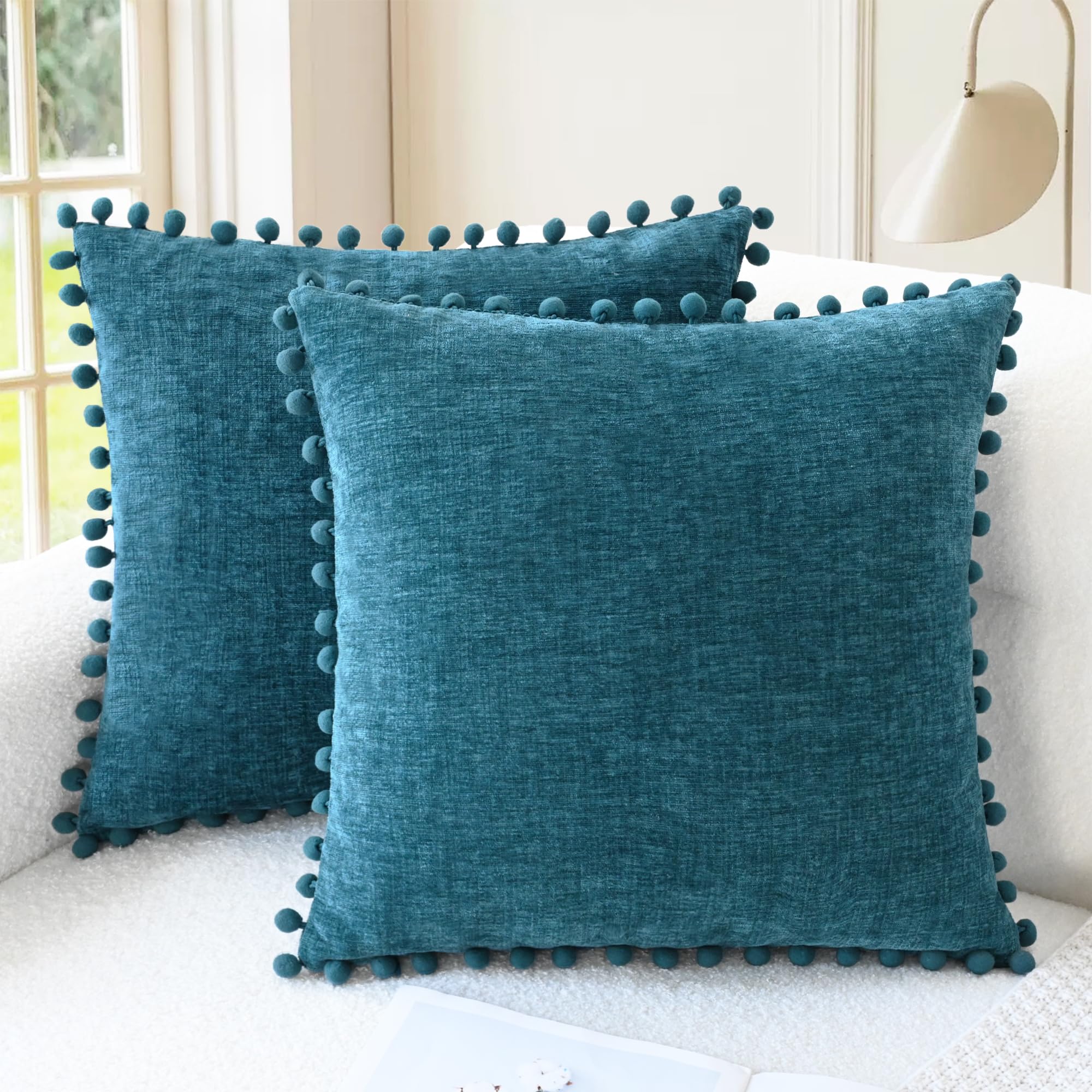 CaliTime Throw Pillow Covers Decorative 18 X 18 Inches Pack of 2 Cozy Solid Dyed Soft Chenille Cushion Cases with Pom Poms for Couch Sofa Bed Living Room Home Living Coral