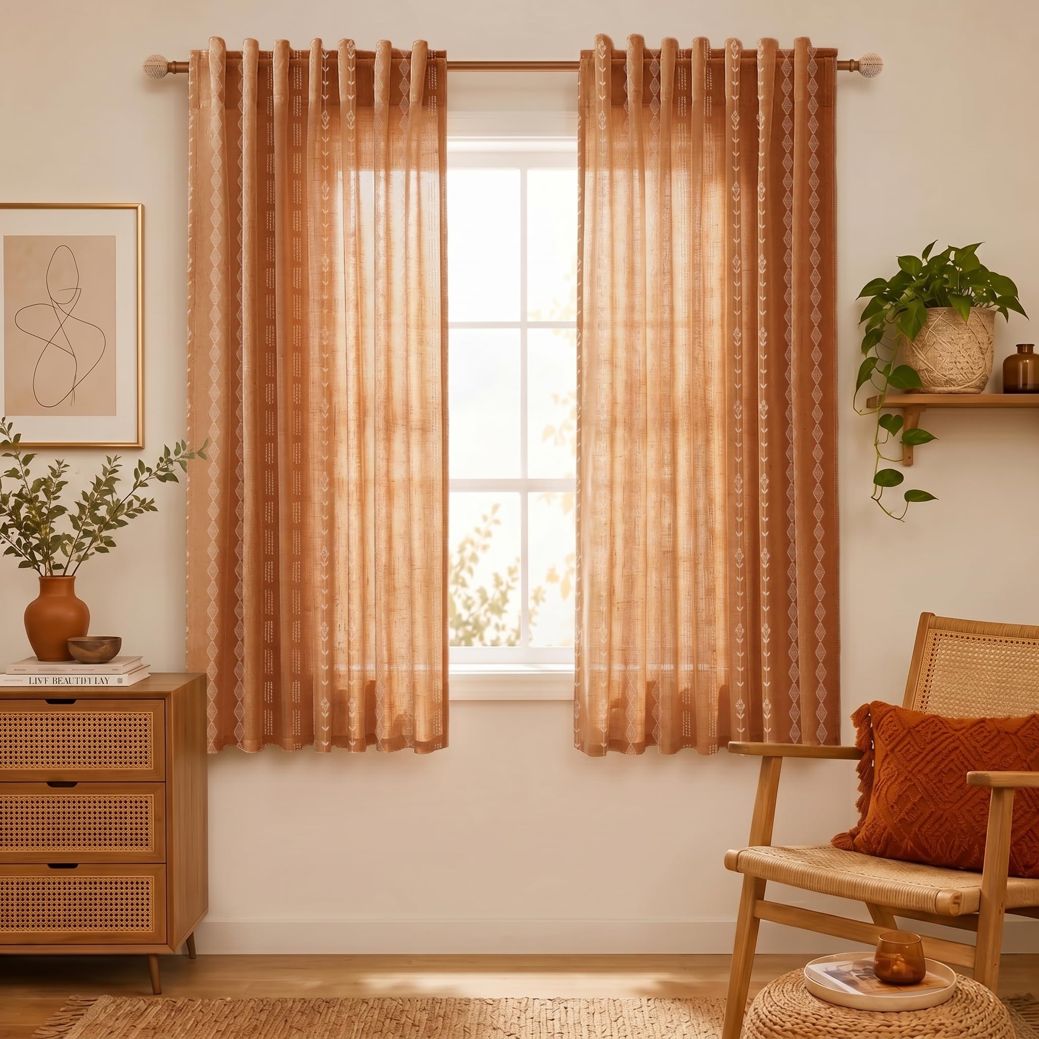 Neutral Farmhouse Curtains for Living Room 84 Inches Long,Taupe Cream Boho Light Filtering Sheer Patterned Modern Beautiful Linen Curtains with Floral Pattern Design Dining Room 84 Length 2 Panels Set