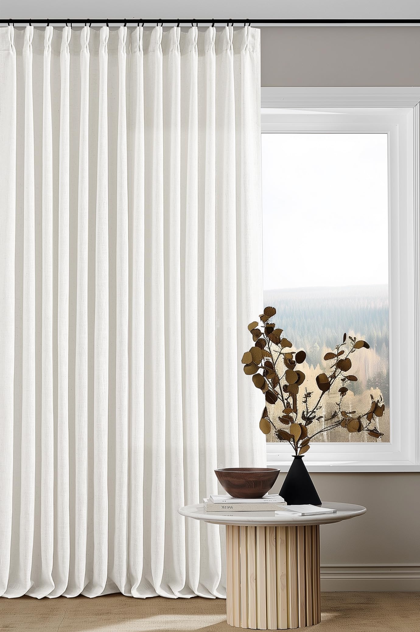 Natural Pinch Pleated Linen Curtains 84 Inch Length 2 Panels for Living Room Bedroom Textured Cream Ivory Birch Semi Sheer Boho Neutral Back Tab Pinch Pleat Hooks Rings Window Curtain 84 Inches Long