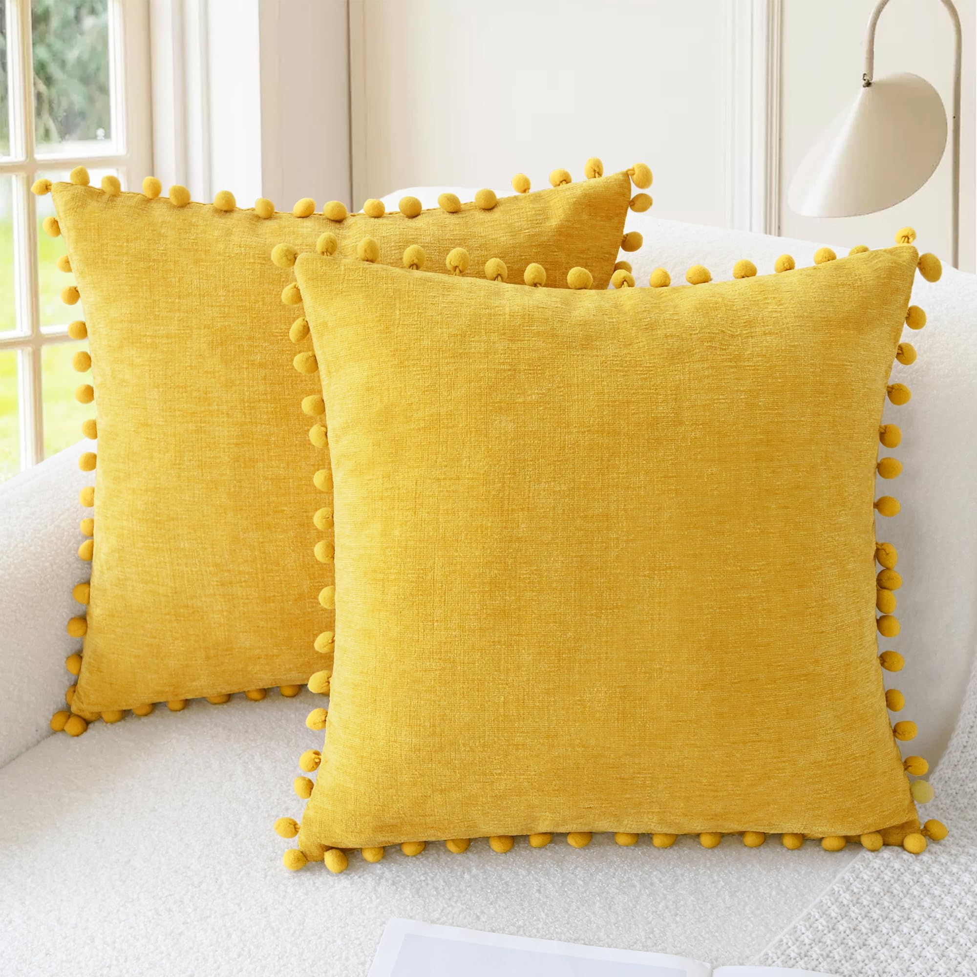 CaliTime Throw Pillow Covers Decorative 18 X 18 Inches Pack of 2 Cozy Solid Dyed Soft Chenille Cushion Cases with Pom Poms for Couch Sofa Bed Living Room Home Living Coral